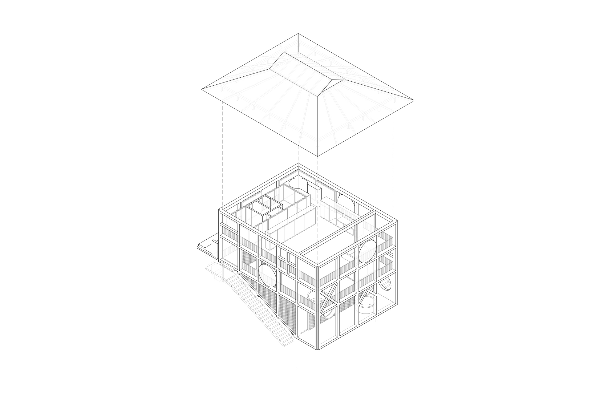 Exploded axonometric drawing lifting the hipped roof above the gridded frame, with circular windows and a stair along one side