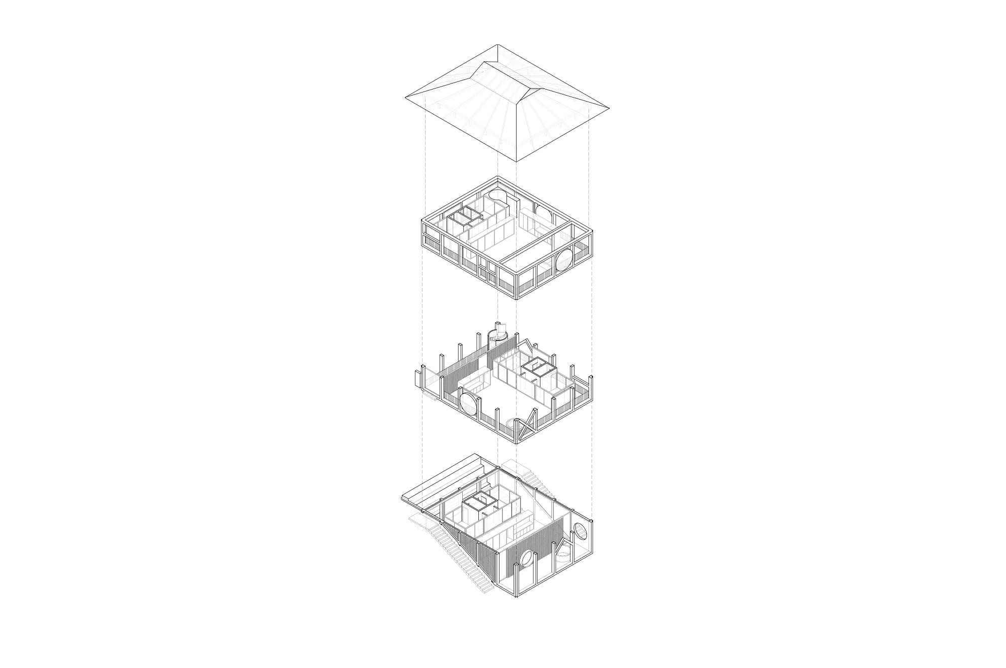 Exploded axonometric drawing separating the roof and three floor plates, each showing partitions, columns and circular openings