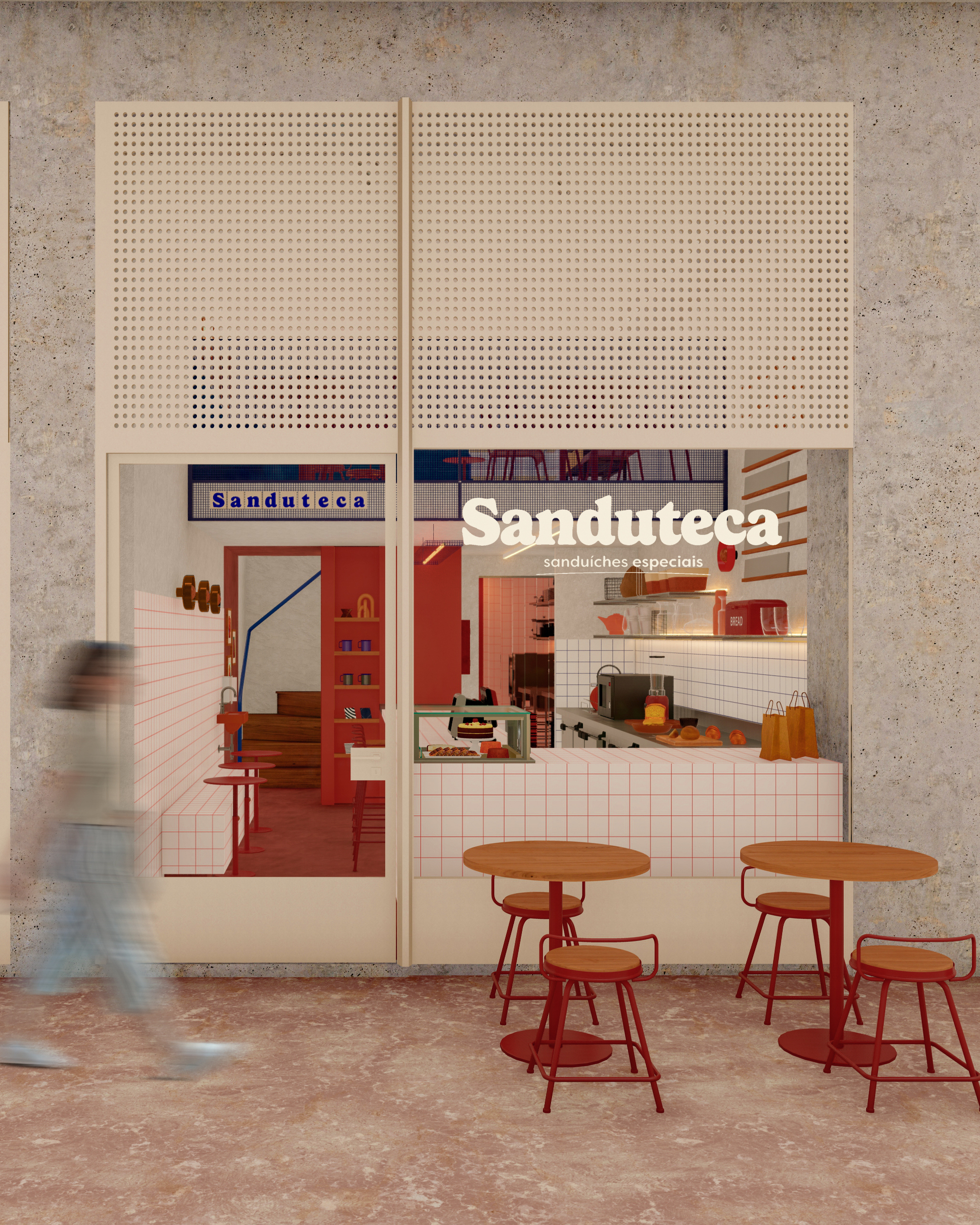 Rendered facade with perforated panel, white tile counter and red café stools as a blurred passerby walks past