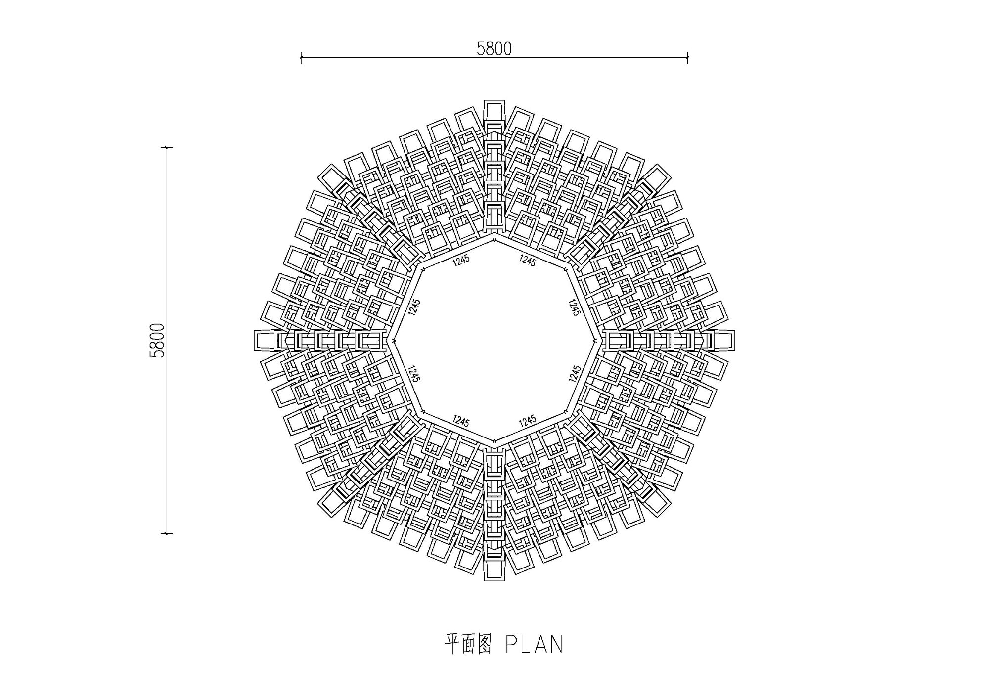 Plan drawing of an octagonal ring of overlapping stool outlines around an open central void, dimensioned at 5800 millimeters