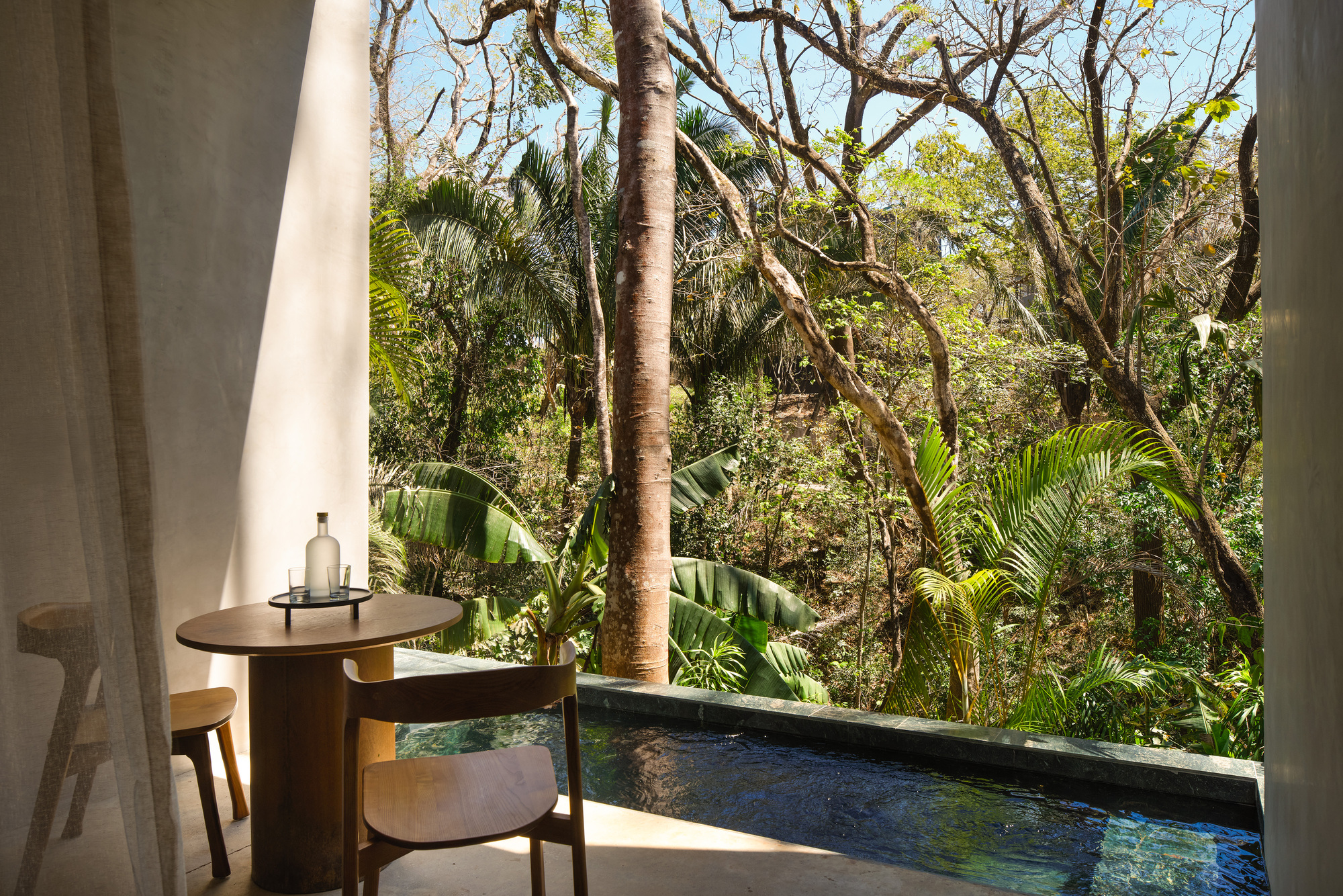 Small plunge pool and round timber table on a terrace looking into dry forest with palms and banana leaves in bright sun
