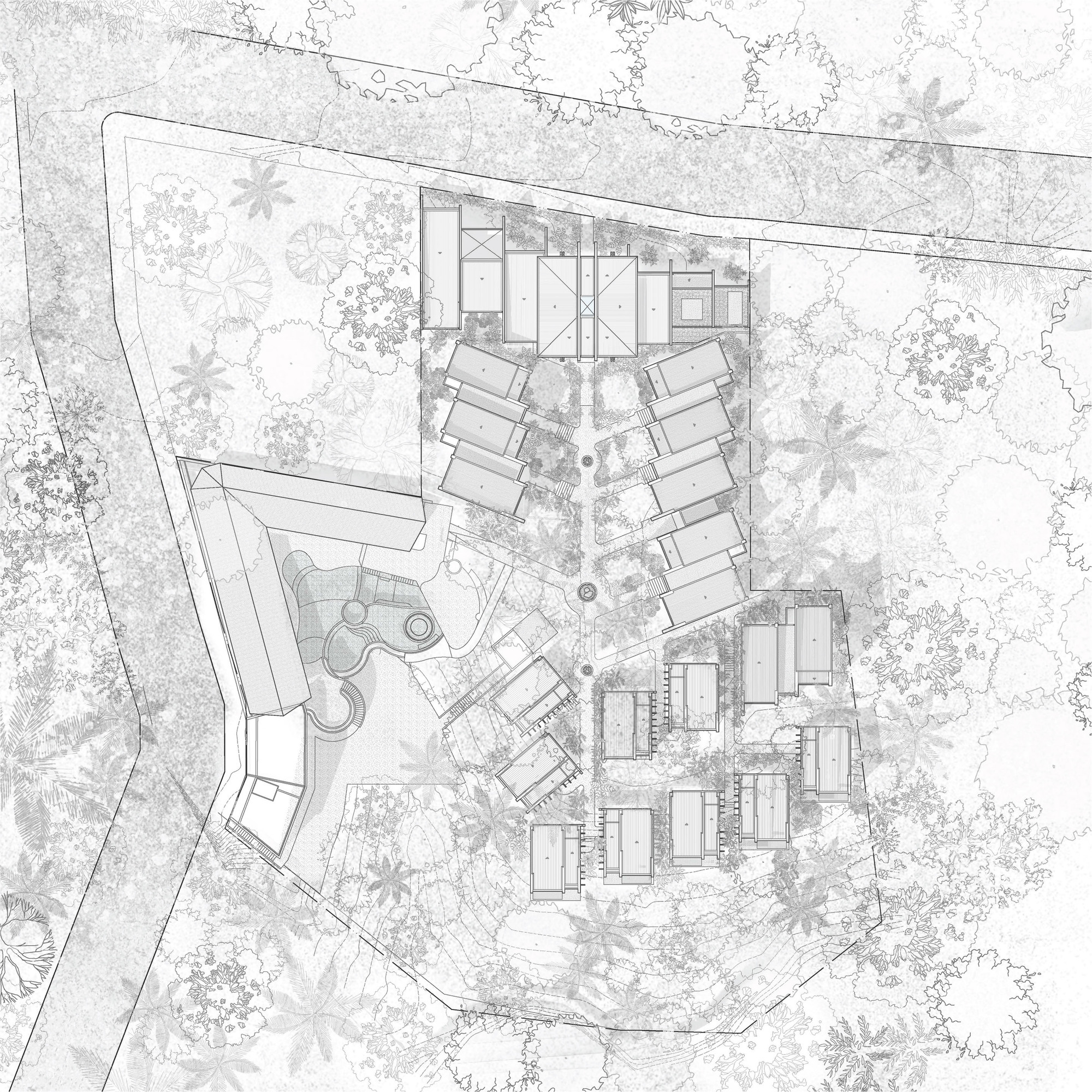 Site plan drawing showing a central axis lined with small pavilions, a larger angled building and a pool, surrounded by trees