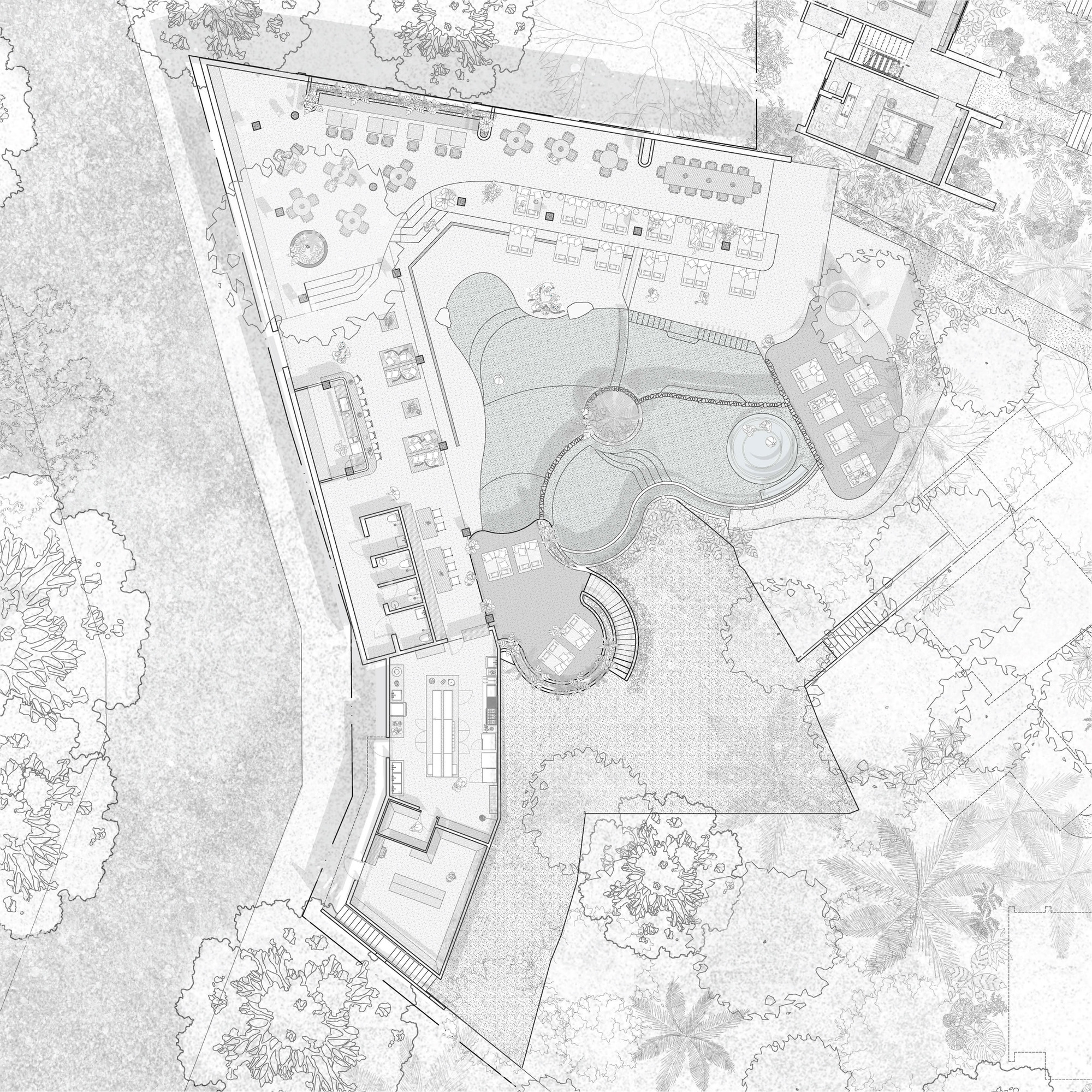 Site plan drawing of an angular pavilion wrapping a curving pool, with lounge seating, a dining terrace and surrounding tree canopy