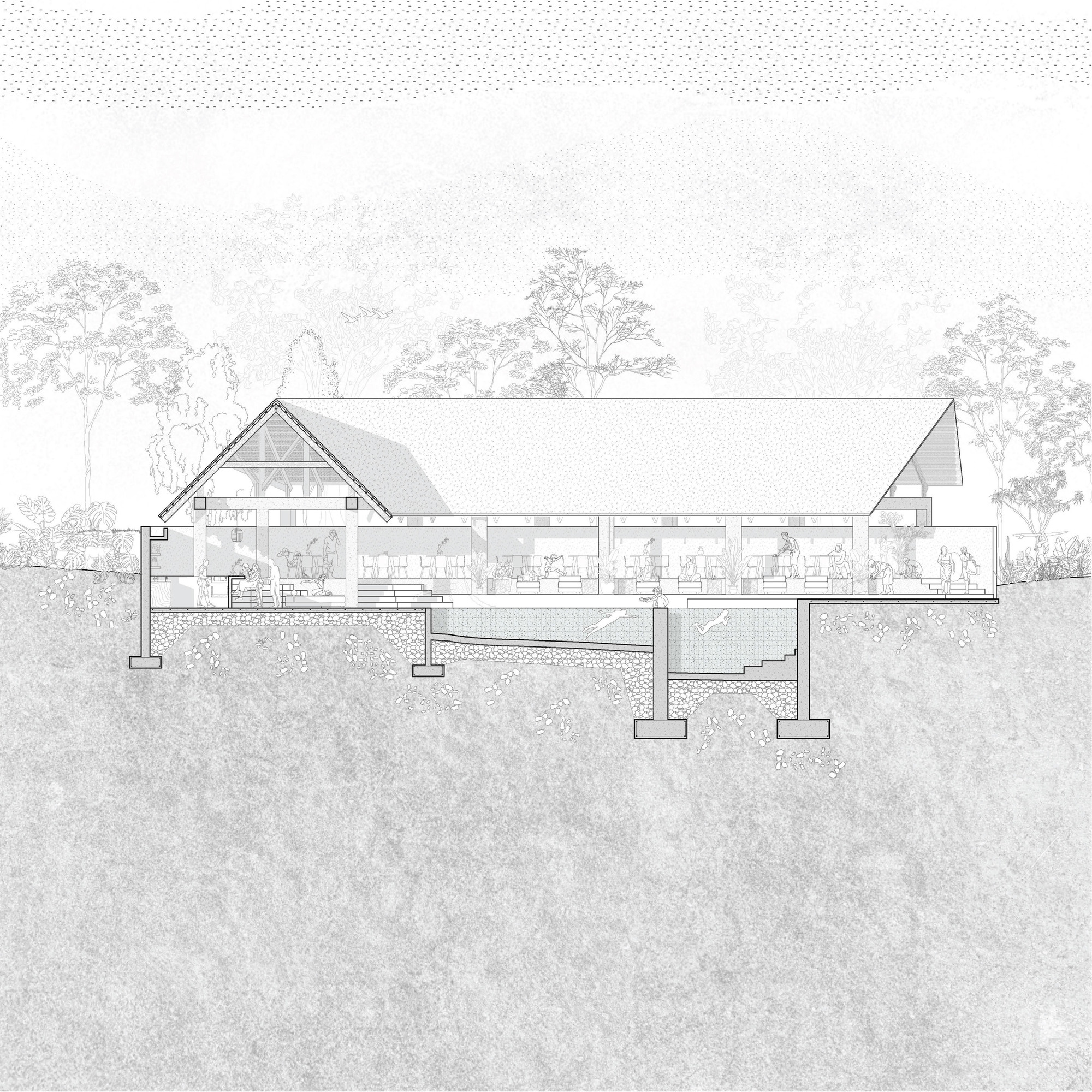 Section drawing through a long gabled pavilion with timber trusses, a glazed edge and a sunken pool, set into a sloping hillside