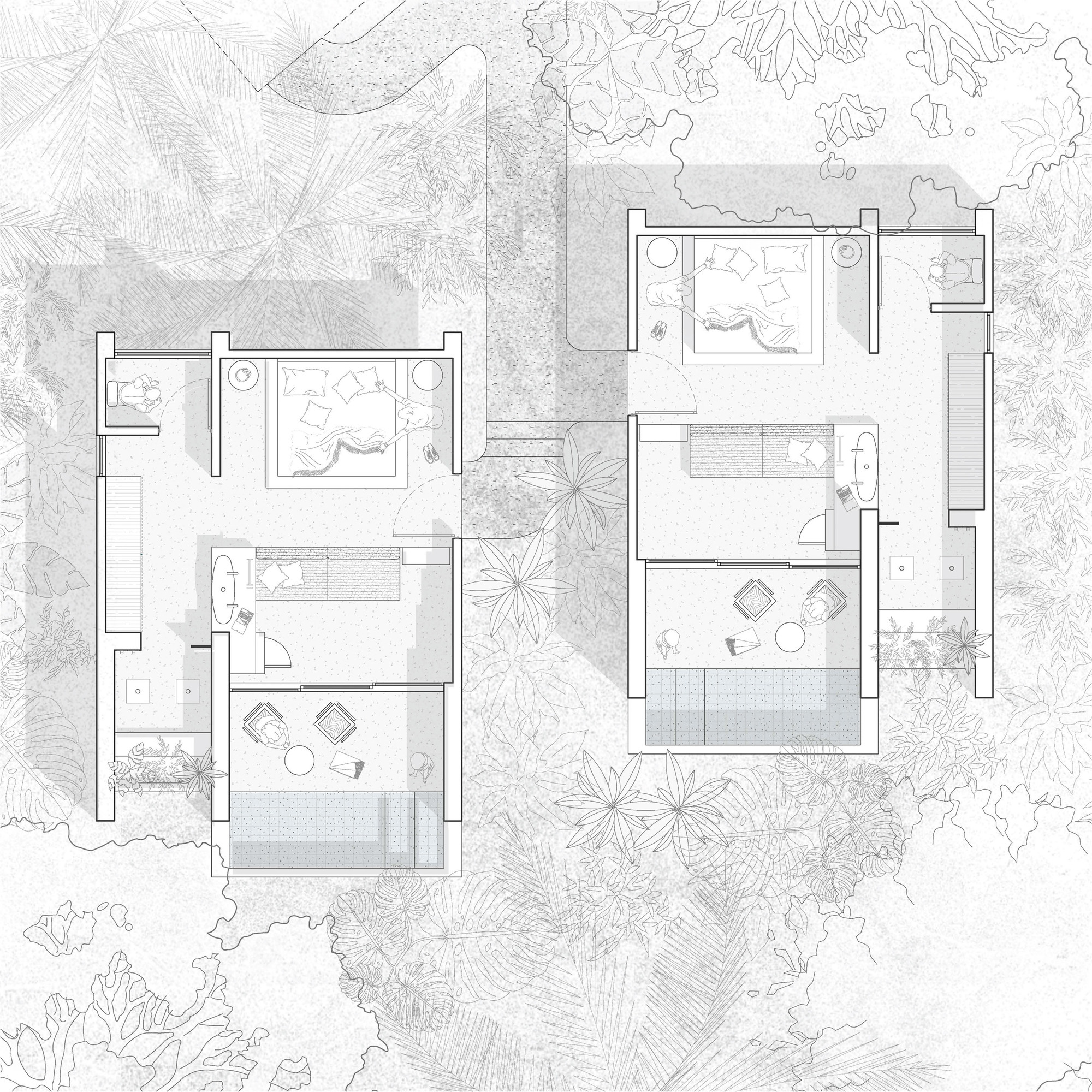 Floor plan drawing of two mirrored guest suites with beds, bathrooms and plunge pools, surrounded by dense tropical planting