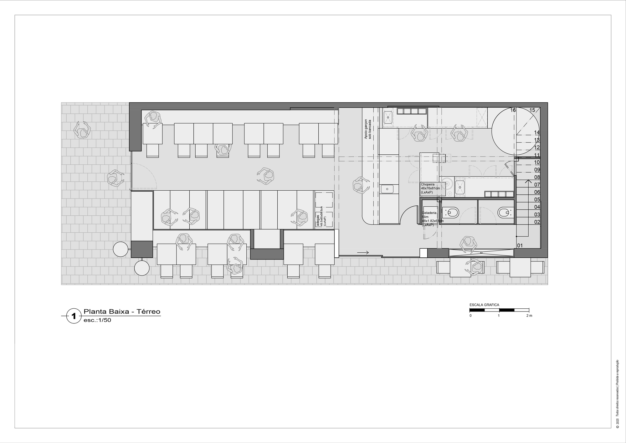 Ground floor plan drawing showing dining tables, a service counter, restrooms and a staircase on a narrow plot with paved terrace