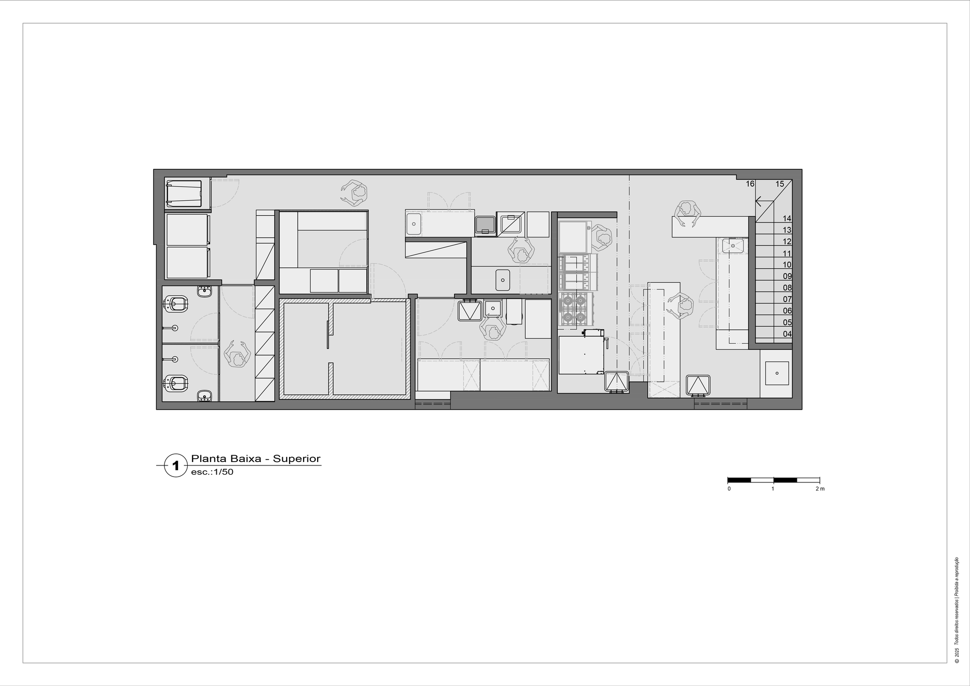 Upper floor plan drawing showing kitchen equipment, restrooms, storage rooms and a staircase along one end of a long rectangular volume