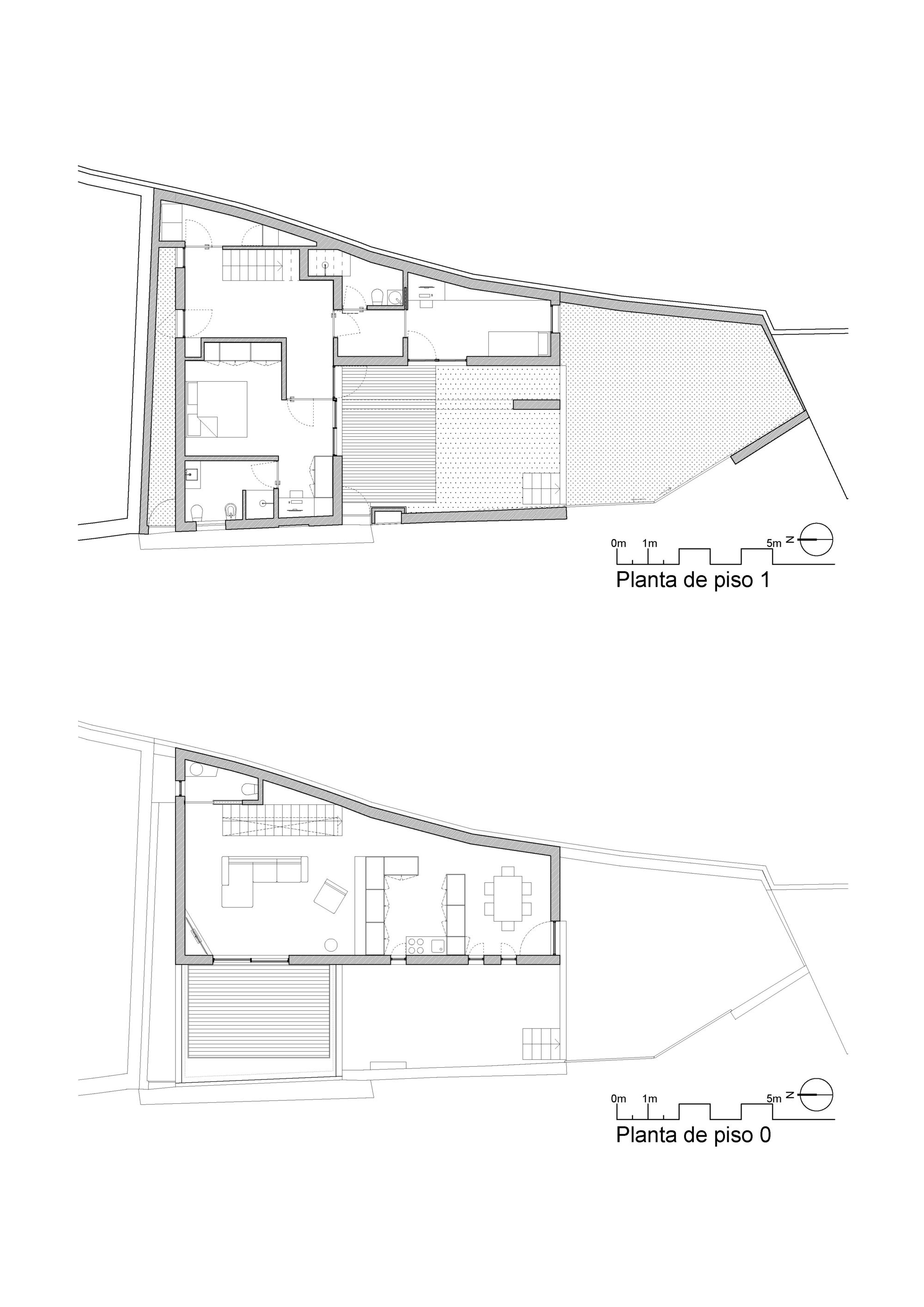 Two floor plan drawings, ground and first level, showing an irregular wedge-shaped footprint with living areas, stairs, bedroom and terrace