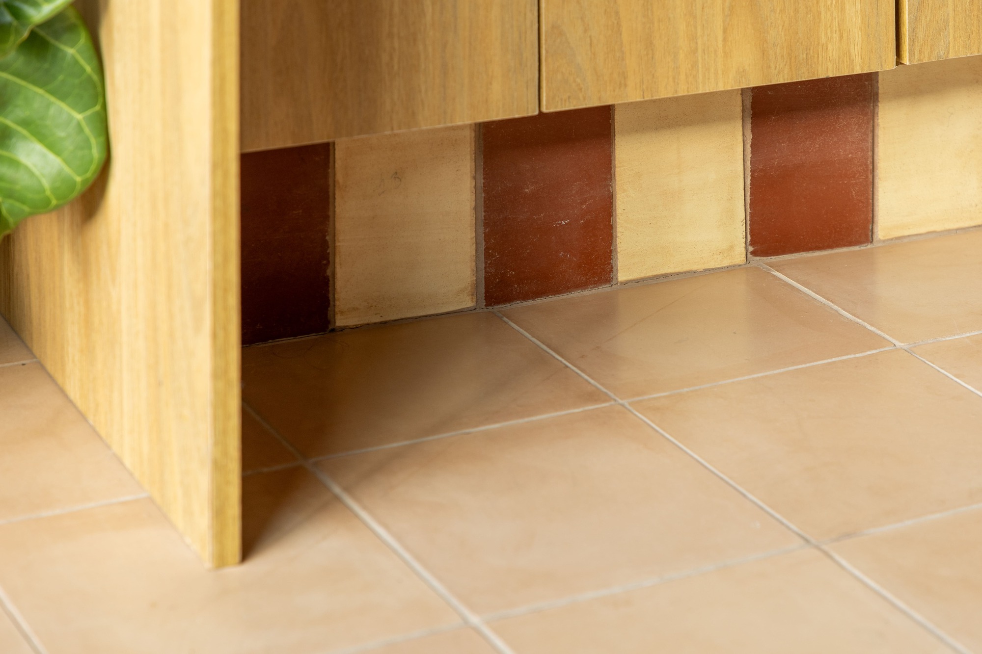 Close-up of the checkered terracotta and cream tile band below an oak cabinet, with a leaf at the corner