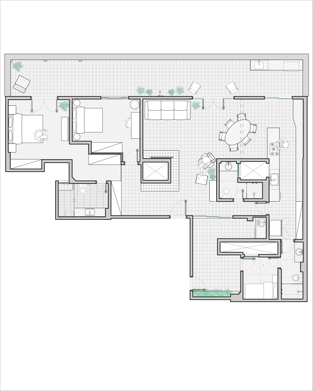 Furnished floor plan drawing of the apartment with bedrooms, bathrooms, dining table, kitchen counter, living area and planted terrace along the top