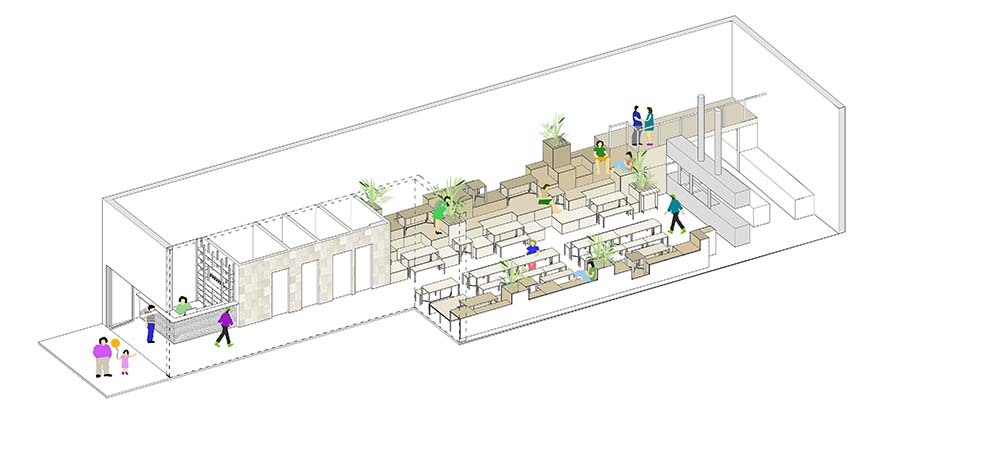 Axonometric drawing of the narrow hall, showing stepped seating platforms, planters, a kitchen at the rear and small figures dining