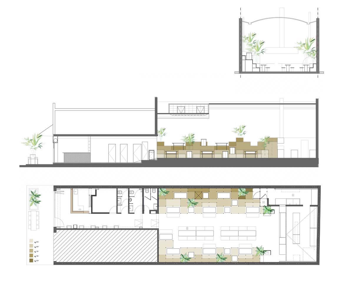 Drawing sheet combining a cross section, a long section and a floor plan of the stepped dining hall with planters