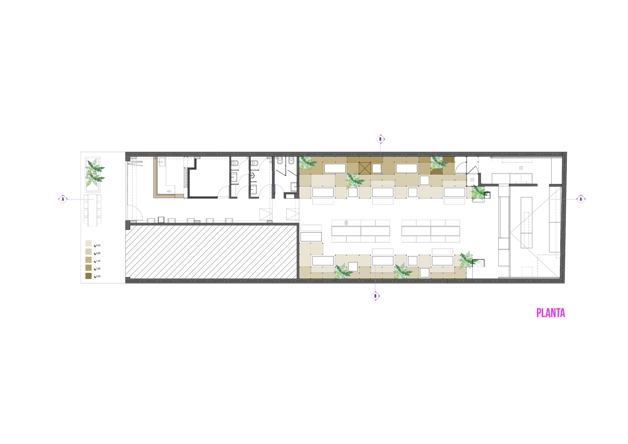 Floor plan drawing of the elongated building showing entry, restrooms, tiered seating zones in tan tones, planters and the kitchen at the far end