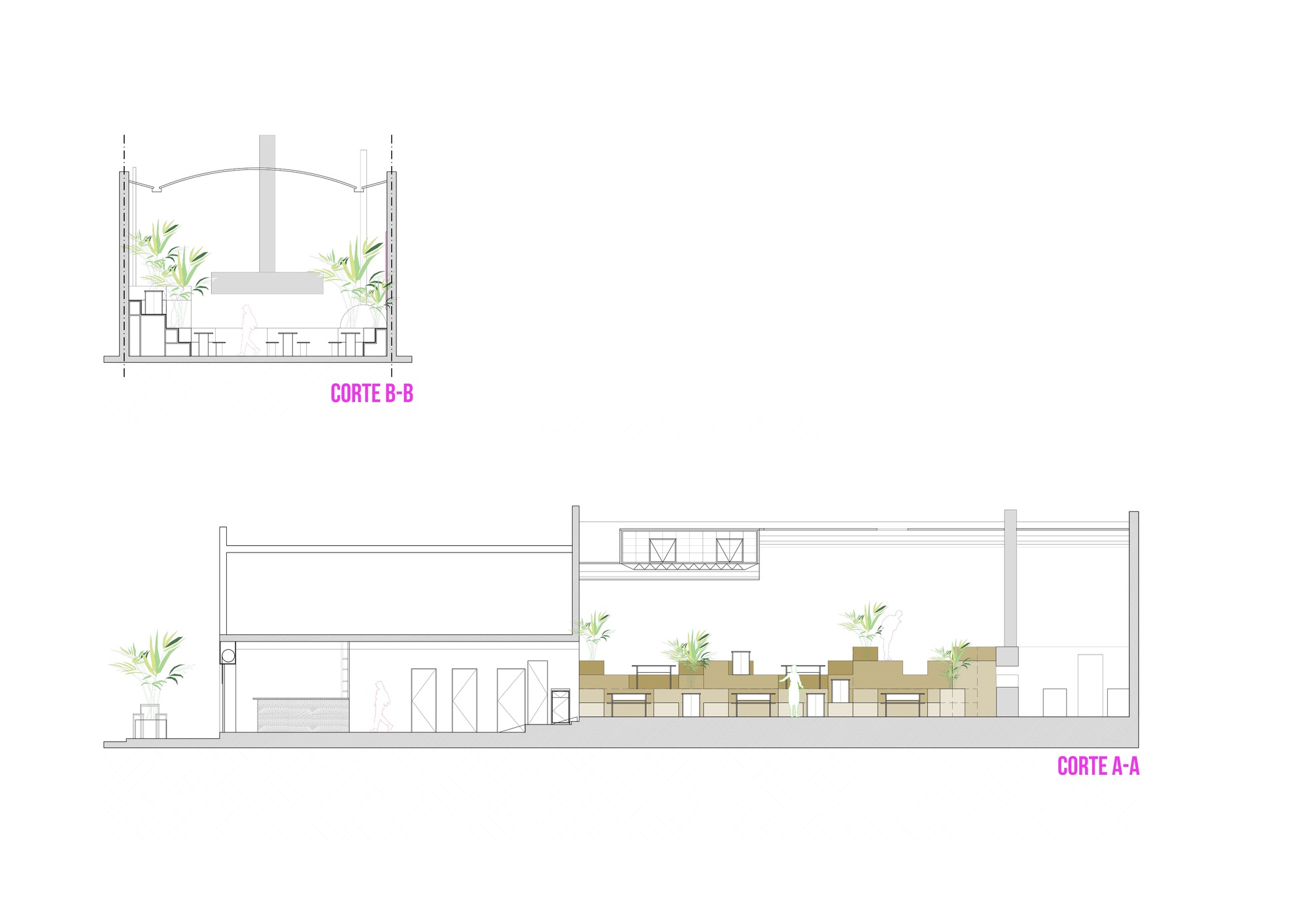 Section drawings labelled A-A and B-B showing the stepped timber seating, planters, vaulted roof and the lower entry volume