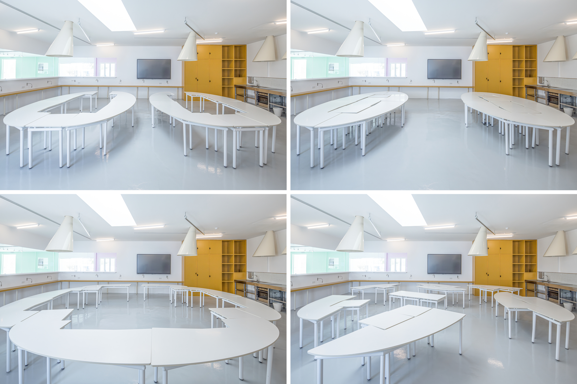 Four-panel grid showing the same classroom with white modular tables rearranged into ring, oval, split and scattered layouts beside a mustard cabinet wall