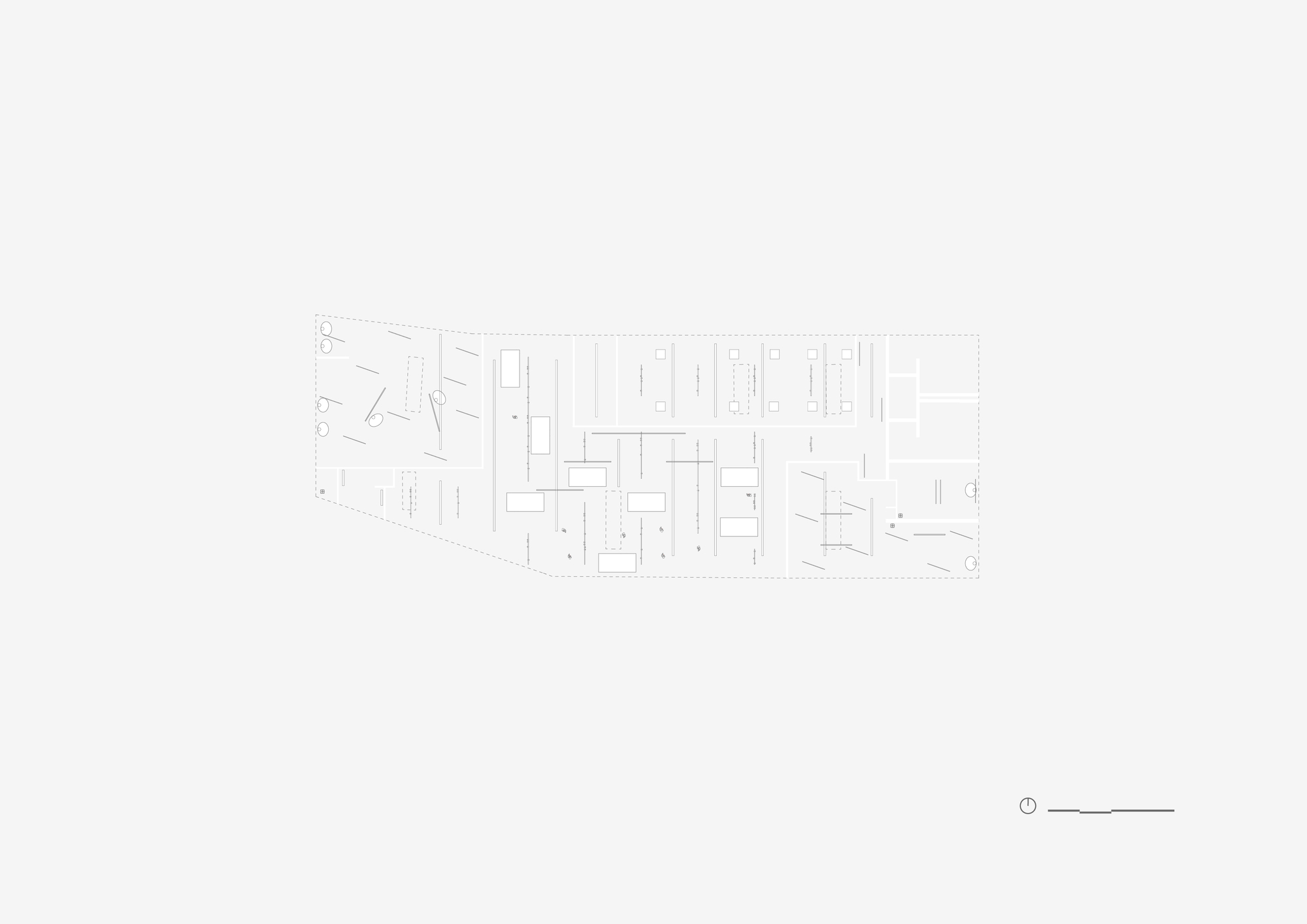 Faint plan drawing of a furniture and partition layout inside an angular footprint, with scattered rectangles and short linear elements