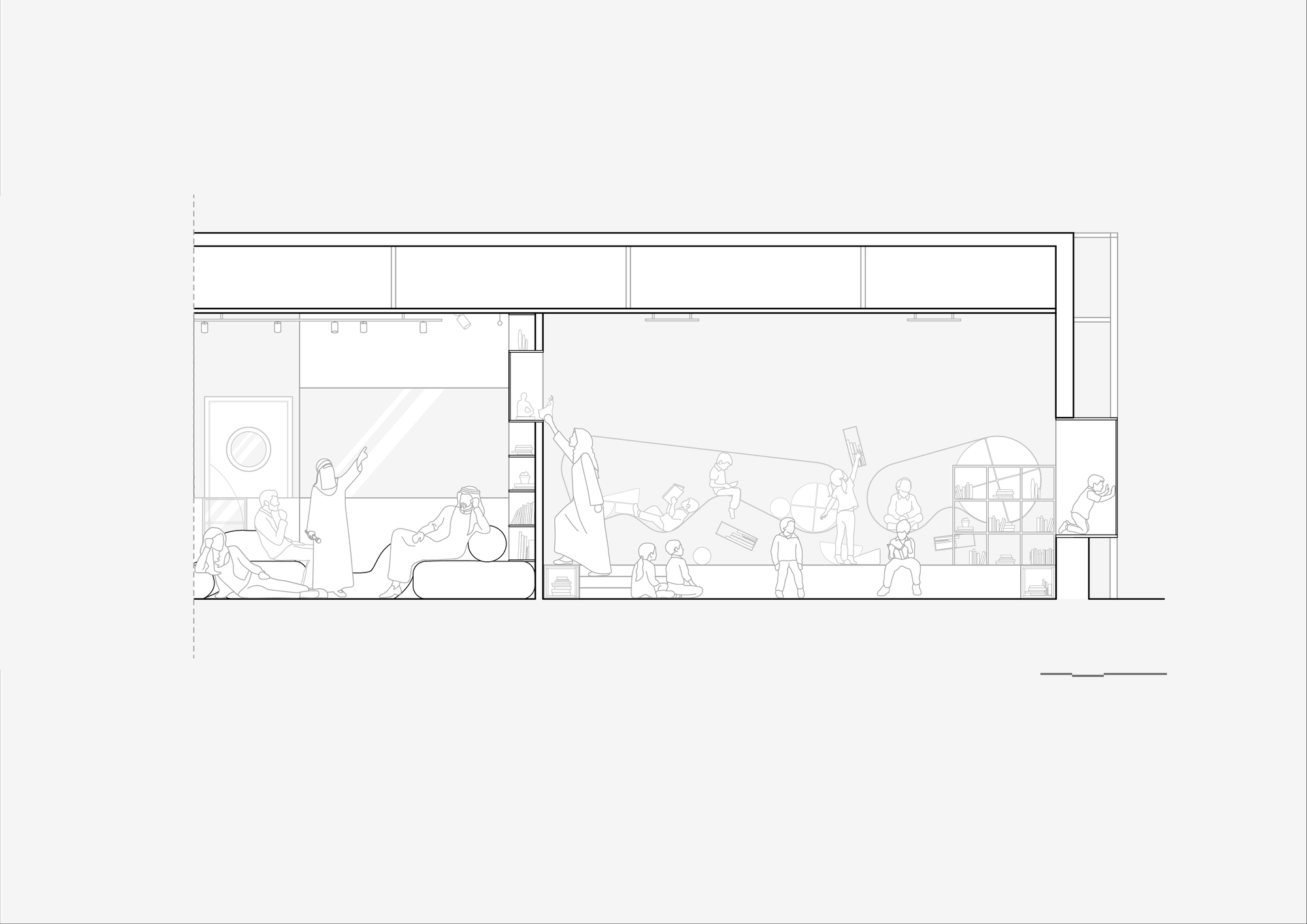 Section drawing of two adjoining rooms, with figures lounging on low cushions, reaching toward shelves and playing beneath a deep roof beam