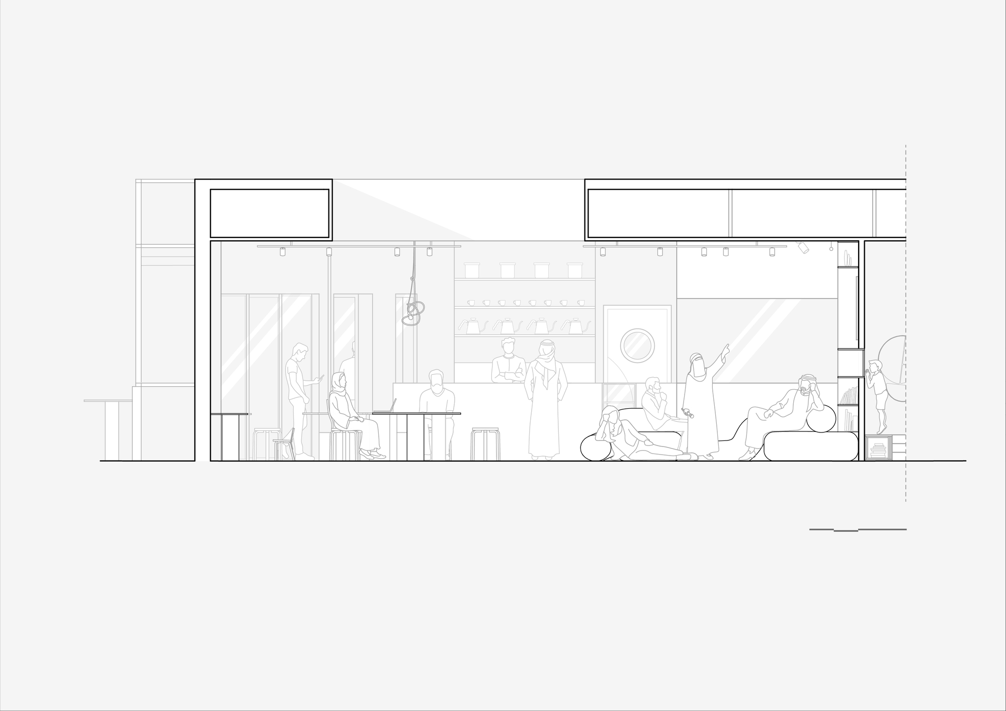 Section drawing of a café and lounge interior, with people seated at tables, a standing figure at the counter and others reclining on cushions