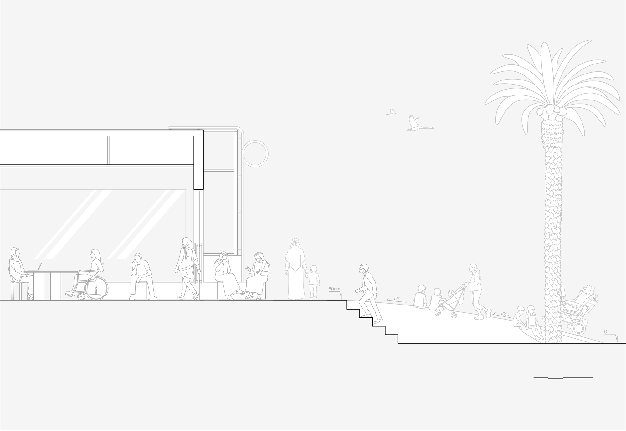 Section drawing of a glazed pavilion edge with a stepped ramp, people in wheelchairs and strollers, and a tall date palm with birds overhead