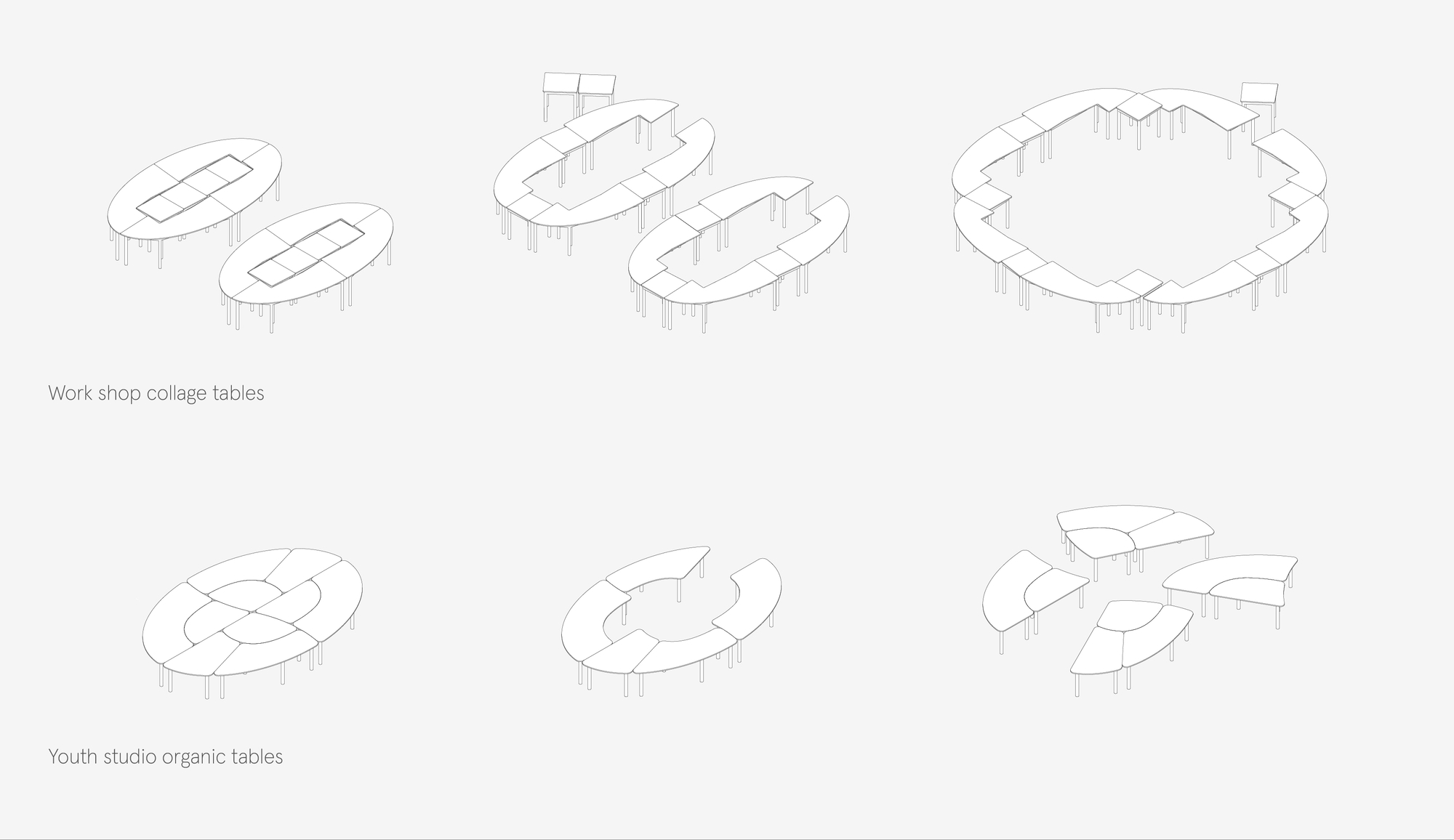 Axonometric drawing of workshop collage tables and youth studio organic tables, shown in paired, split and ring arrangements on thin legs