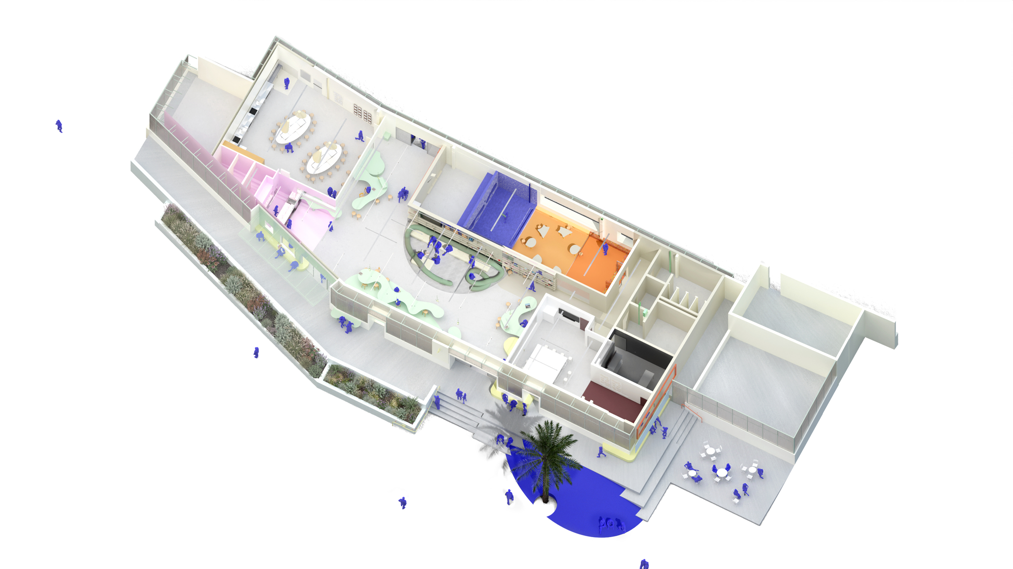 Aerial axonometric rendering of a colored floor plan with pink, green, blue and orange rooms, a palm tree and scattered blue figures