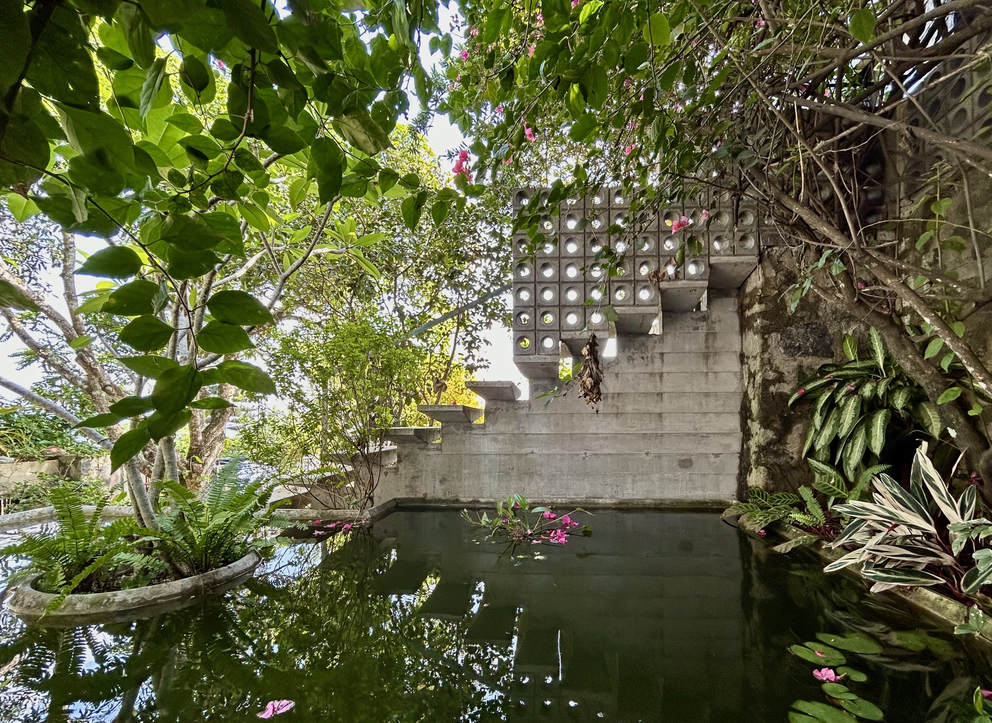 Stepped concrete wall topped with perforated blocks rising from a dark pond, screened by leaves and pink blossoms
