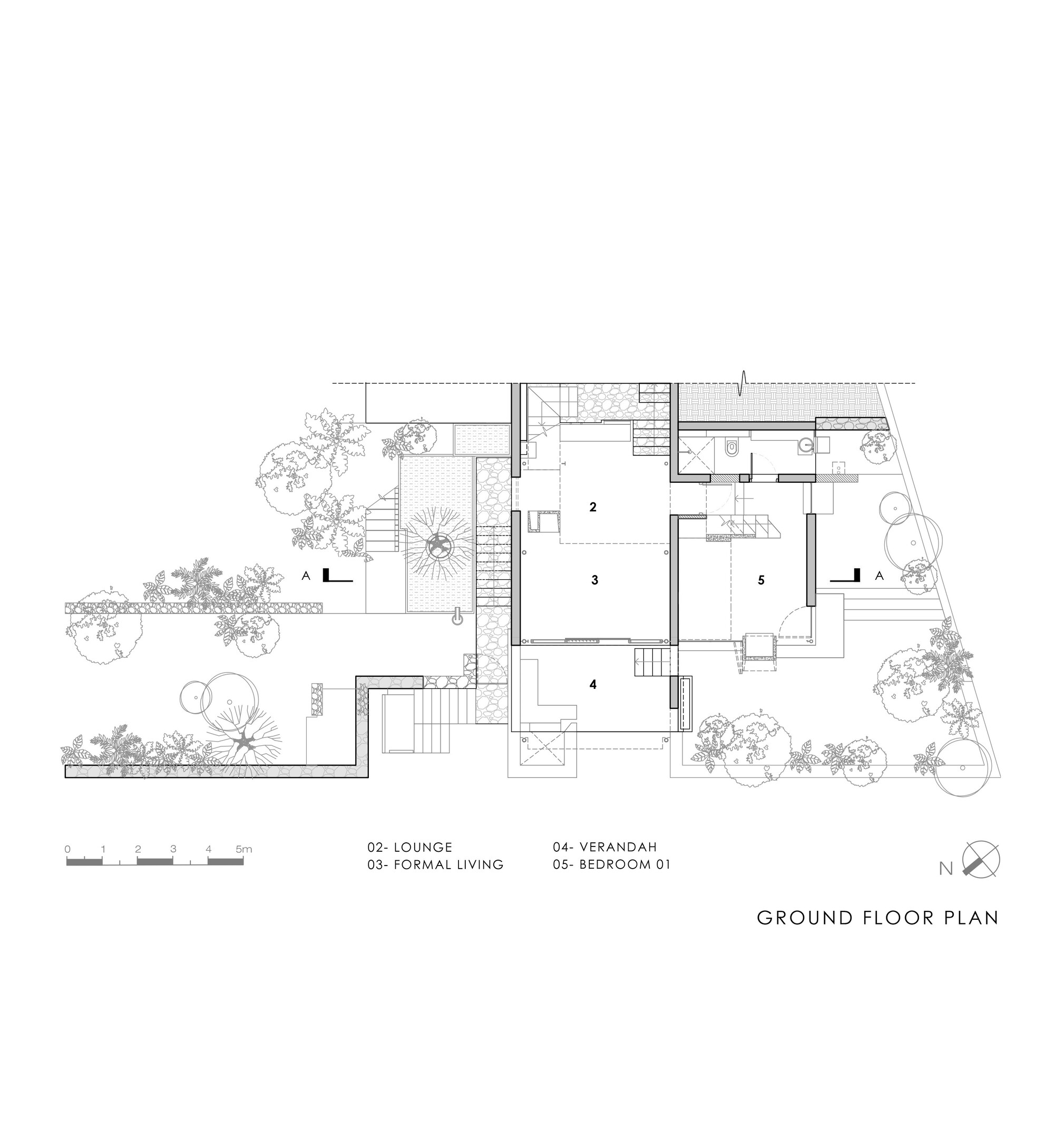 Ground floor plan drawing showing lounge, formal living, verandah and a bedroom, with a planted garden and terraced steps to the west