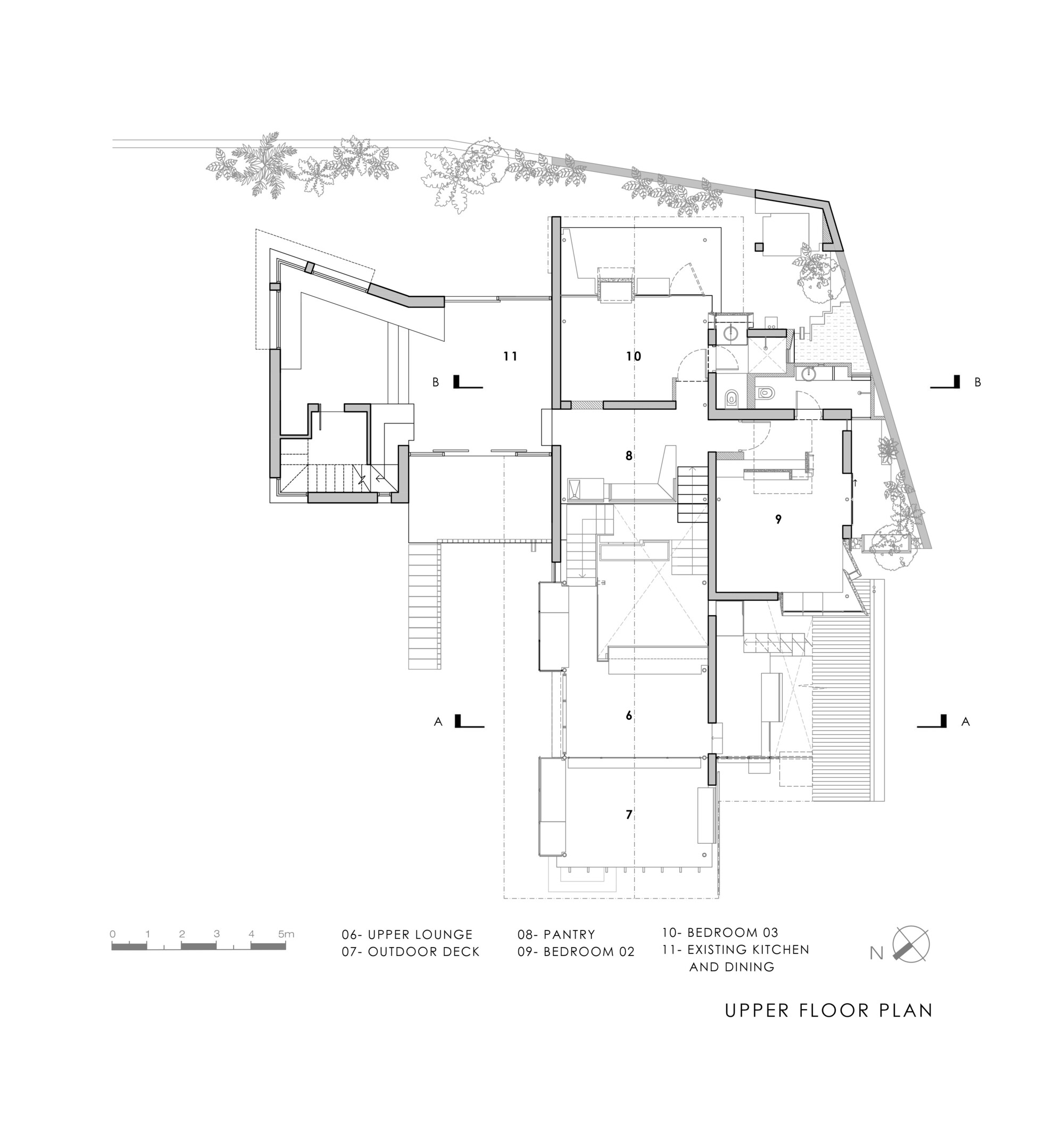 Upper floor plan drawing showing an upper lounge, outdoor deck, pantry, three bedrooms and a kitchen and dining volume with angled walls