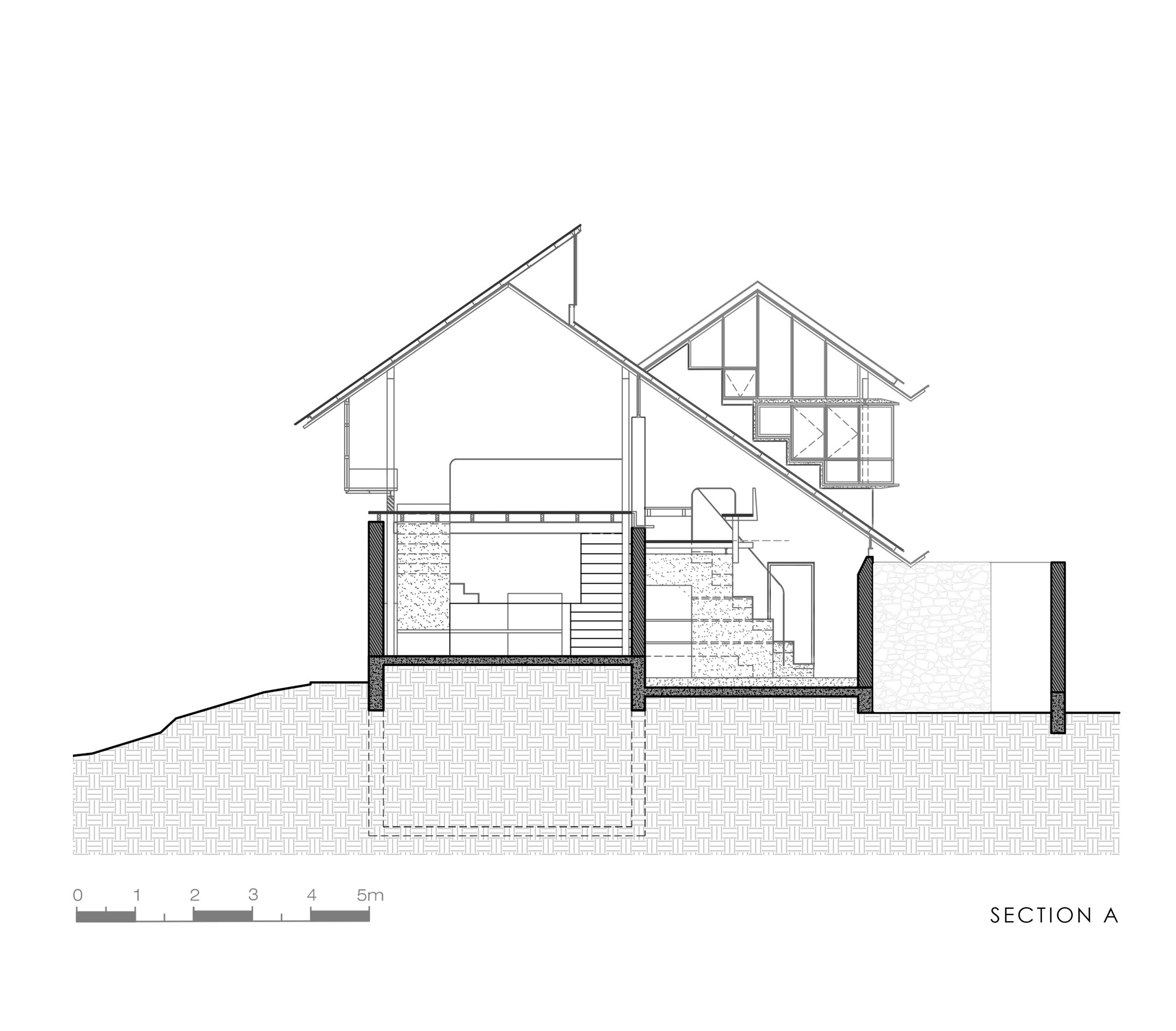 Section drawing A cutting through a pitched-roof house on sloping ground, showing stepped interior levels, a stair and a glazed upper gable