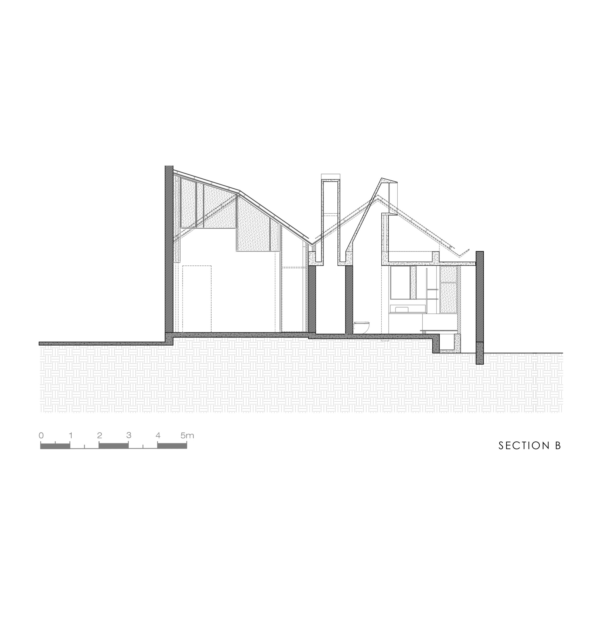 Section drawing B showing two pitched roof volumes divided by a tall masonry chimney-like shaft, with a fitted joinery wall at right