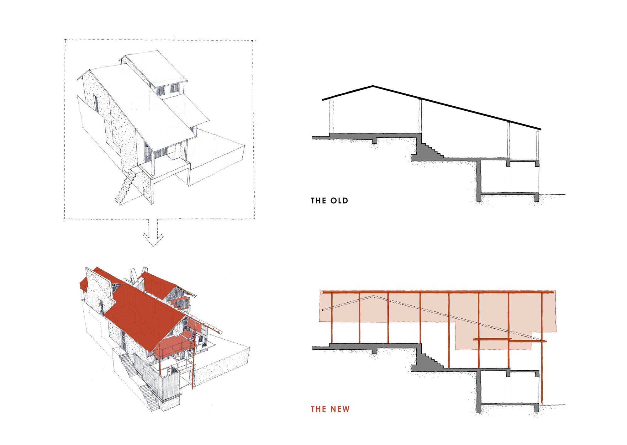Comparison sketches of the old and new house, with axonometric views and sections showing the added red roof and column structure