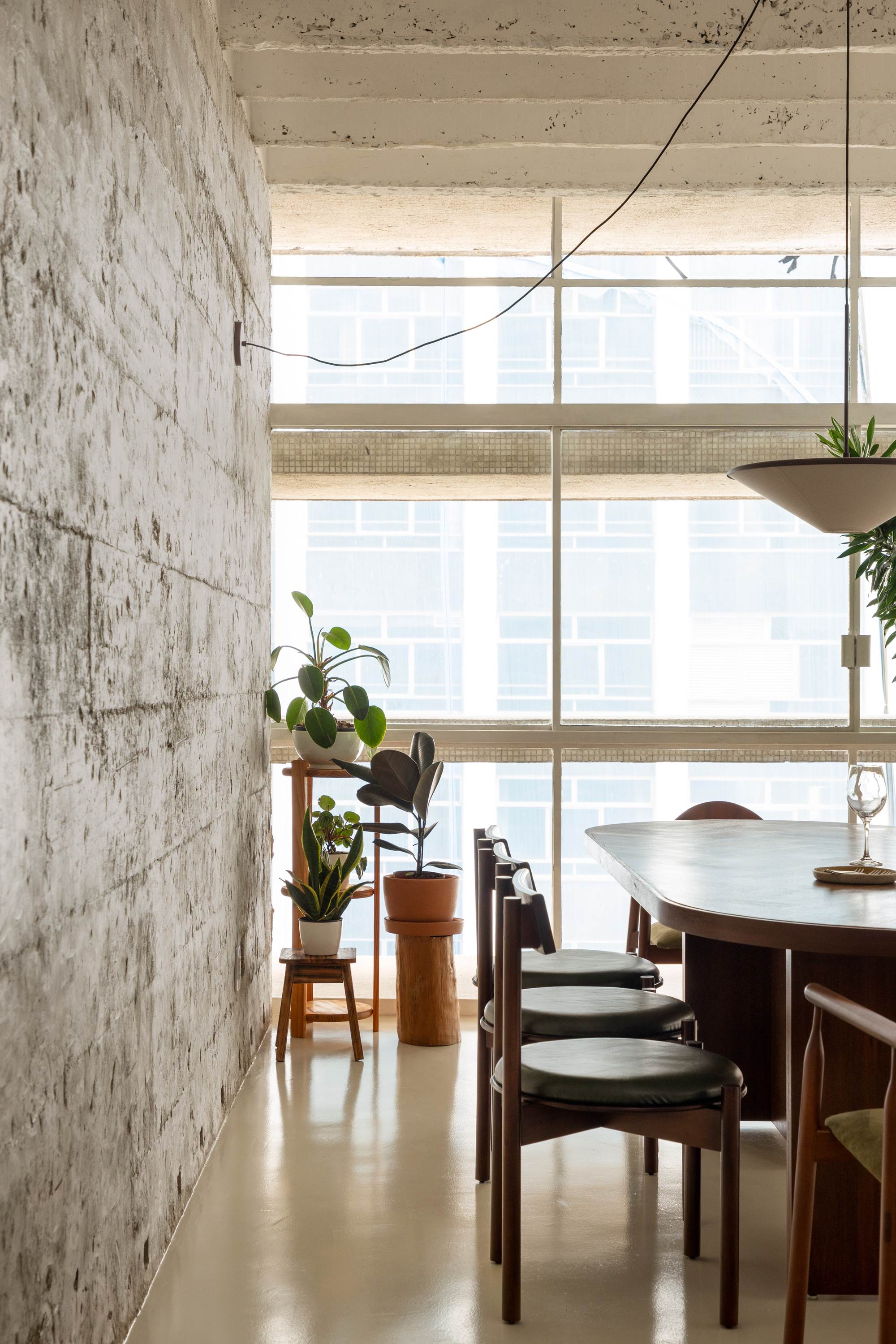Board-marked concrete wall beside a walnut dining table and leather-seated chairs, with potted rubber plants against a large gridded window in daylight