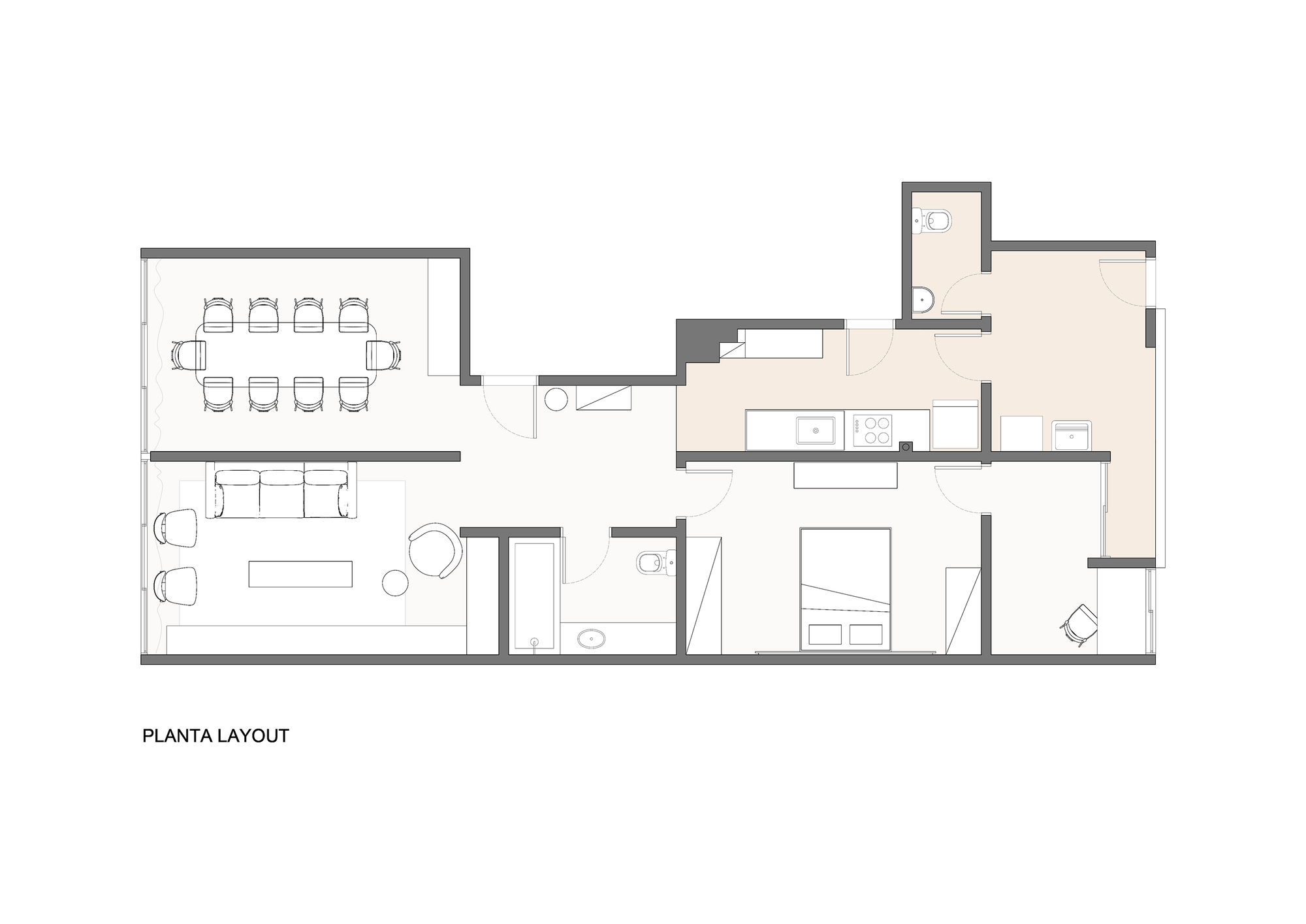 Floor plan drawing of an apartment showing dining room, living room, bedroom, bathrooms and a kitchen tinted in peach