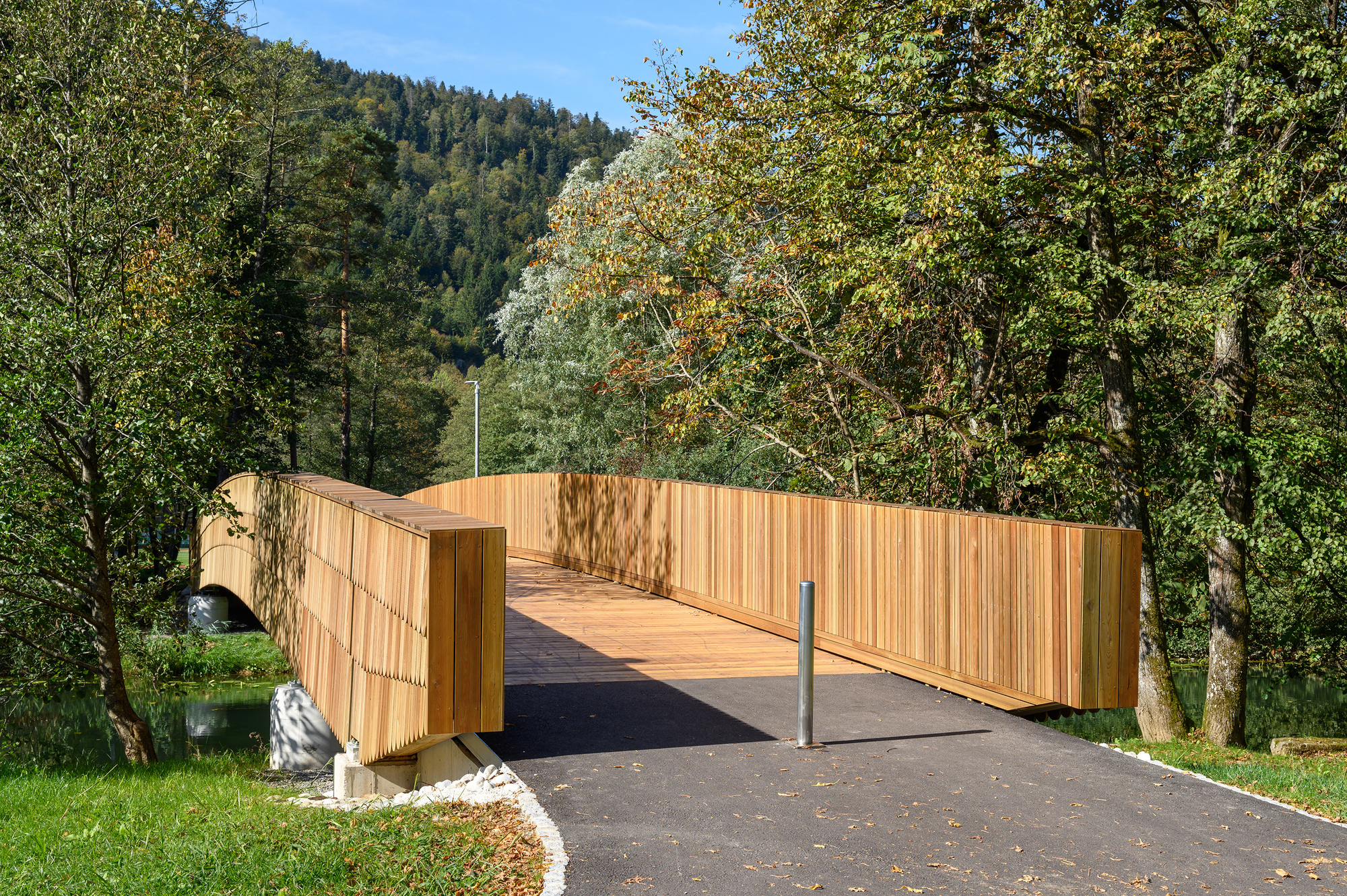 Angled view of the bridge entrance with slatted timber parapets, a steel bollard and a white concrete abutment beside the trees