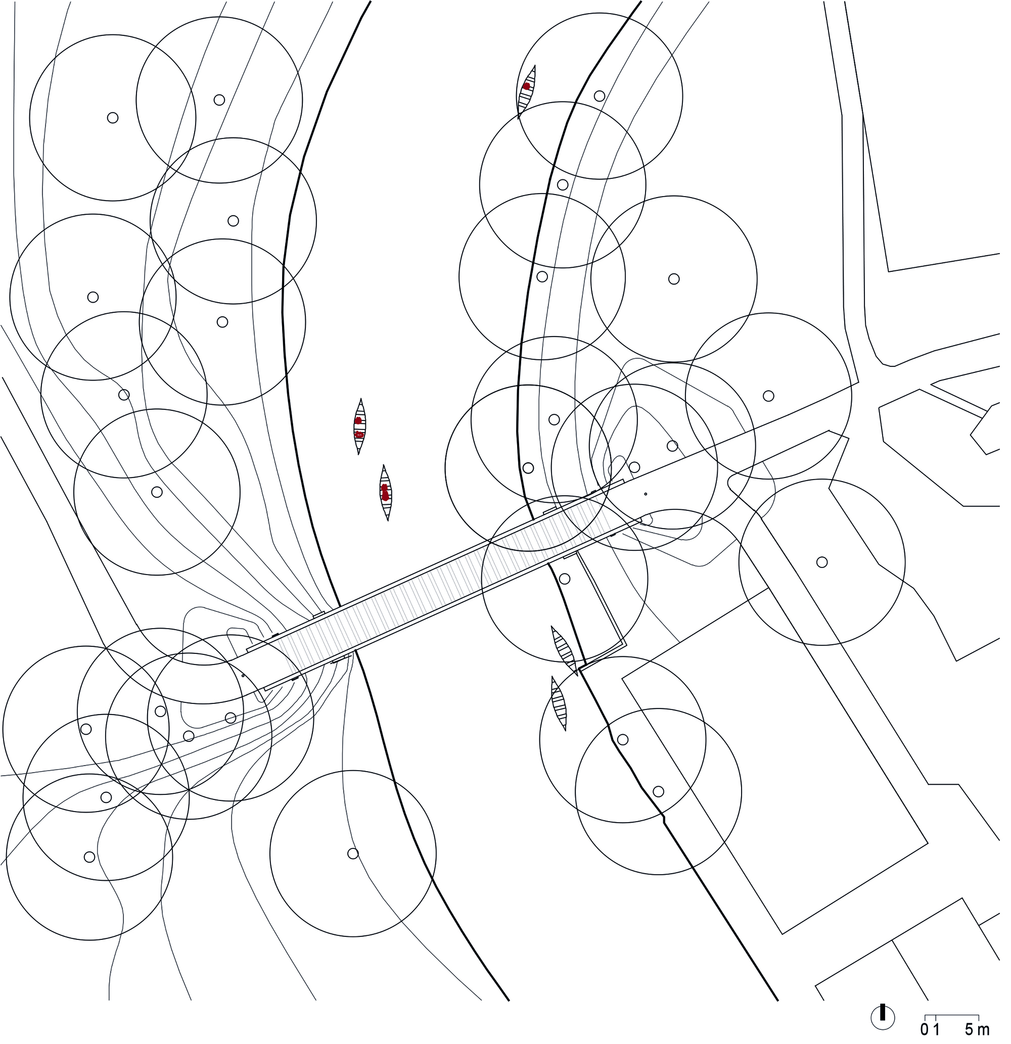 Site plan drawing showing a footbridge crossing a curving river, ringed by circular tree canopies, contour lines and small boats