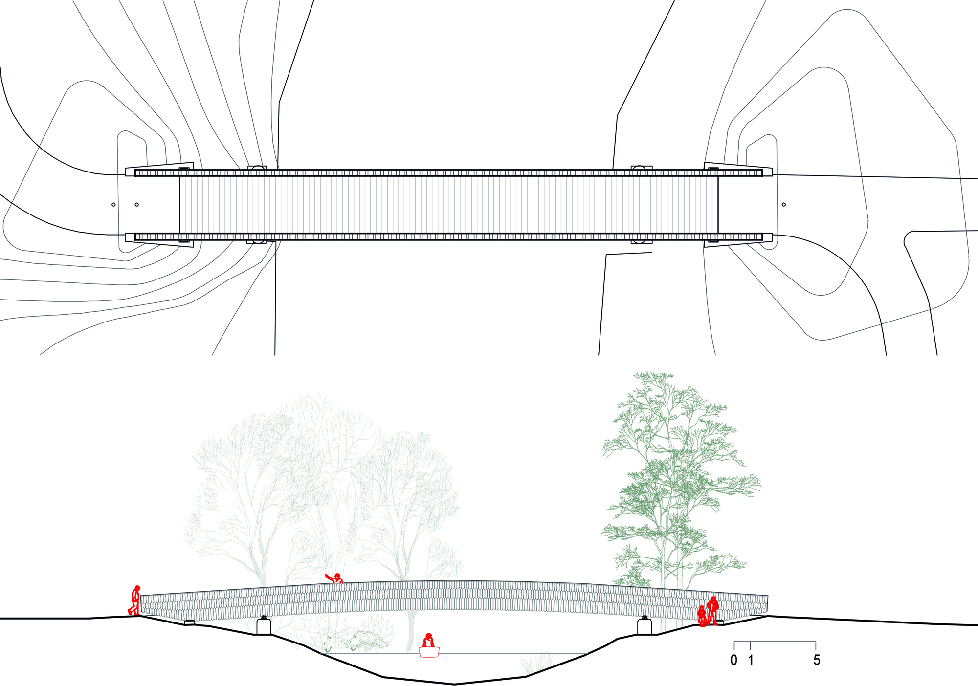 Plan and section drawing of an arched footbridge spanning a stream, with red human figures and tree silhouettes for scale