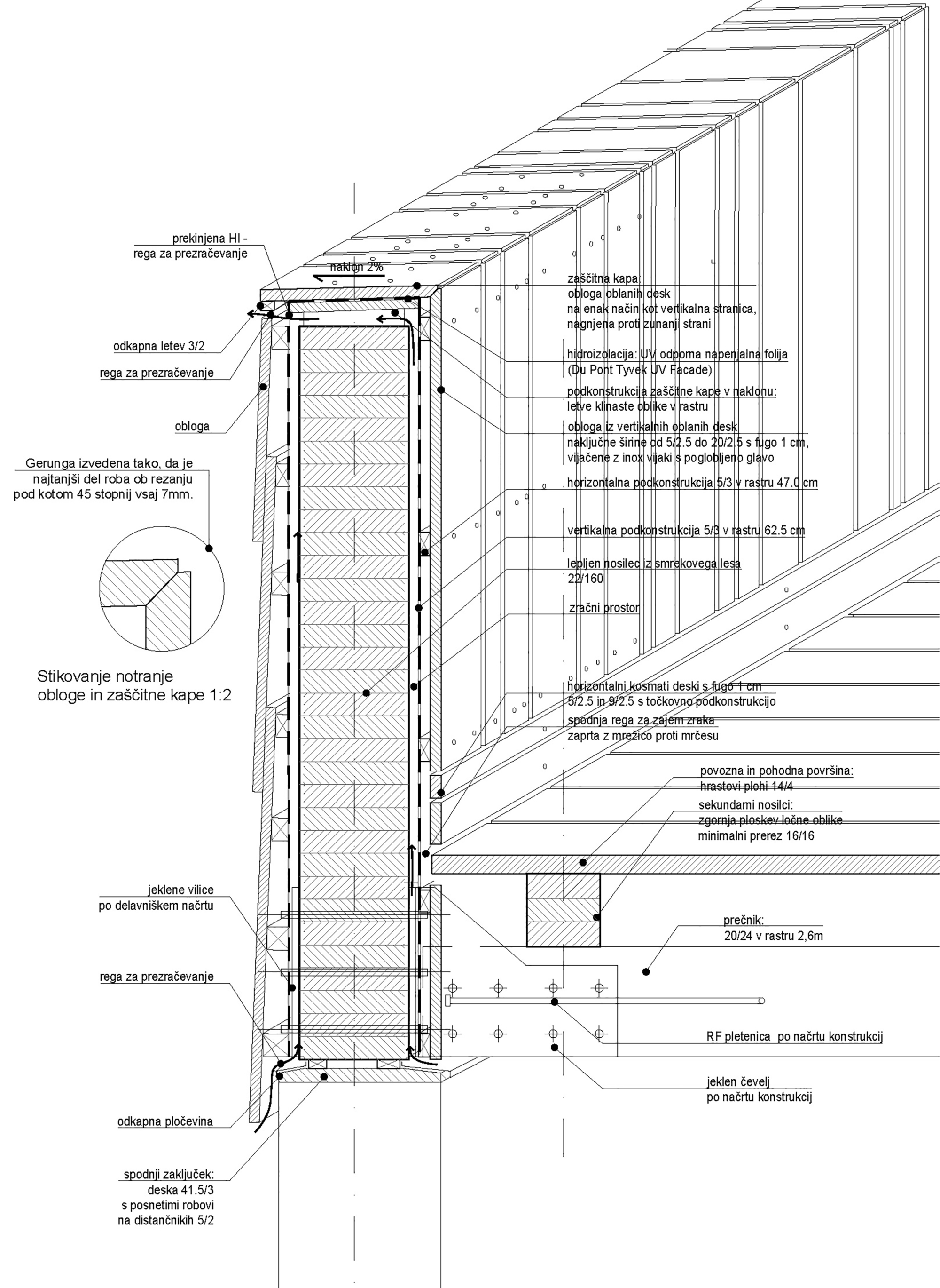 Construction section drawing of the bridge edge with layered timber cladding, waterproof membrane, ventilated cavity, deck beams and steel connection details, a