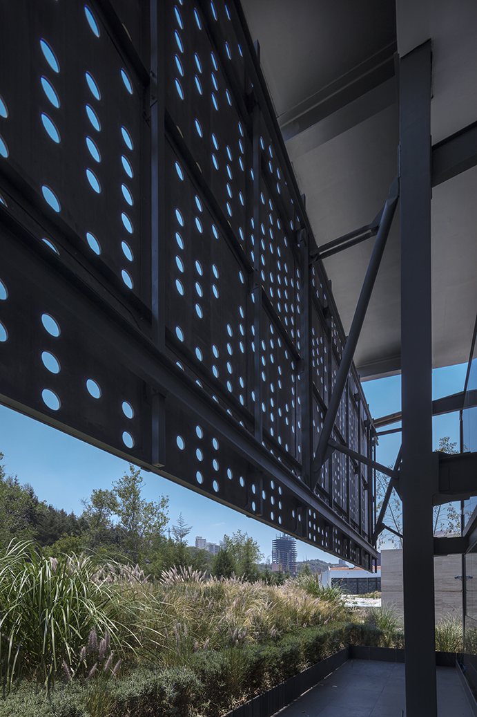 Underside of the perforated steel screen with round openings glowing blue, above a terrace edged with tall grasses