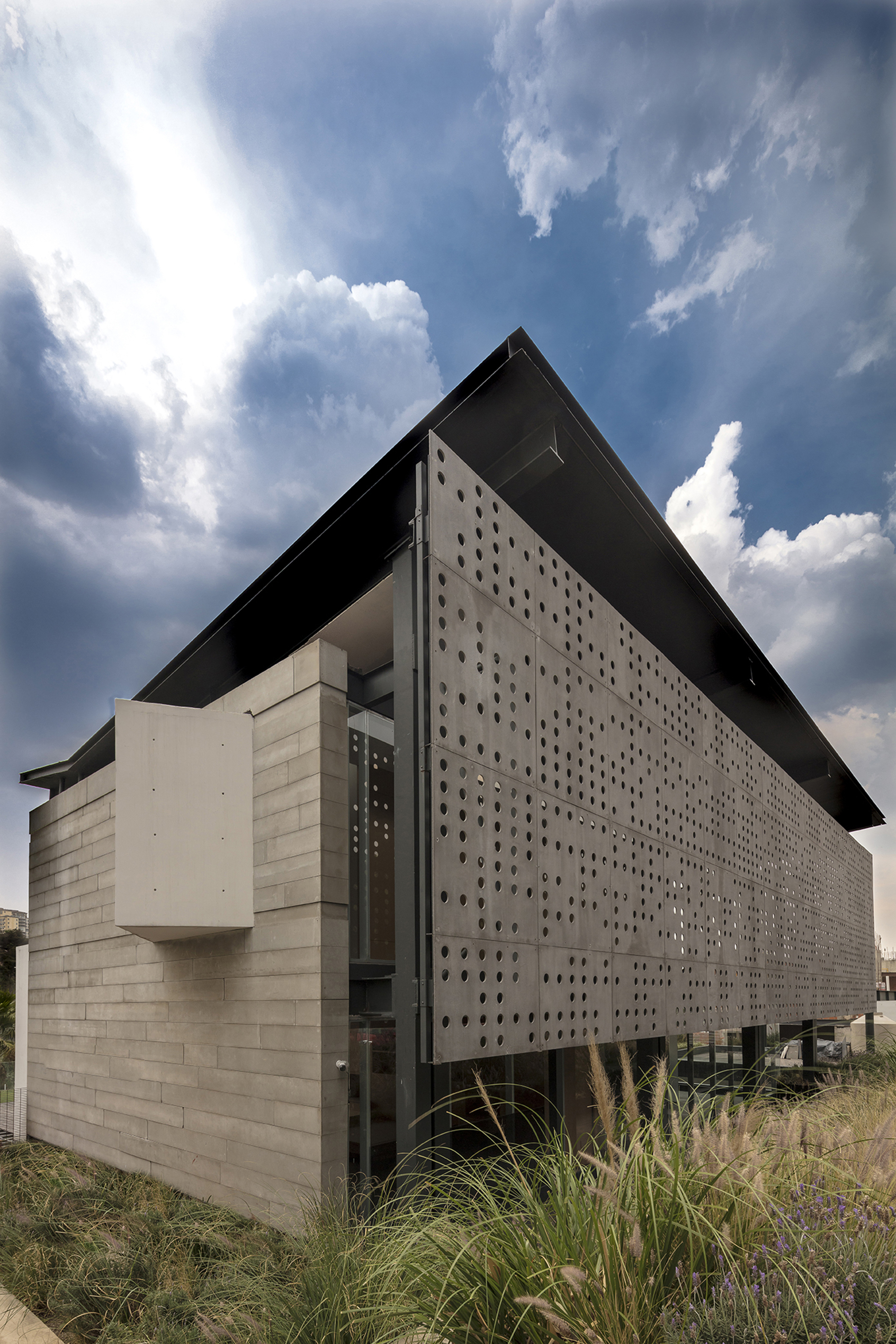 Corner of the board-formed concrete wall and perforated panel facade beneath a dramatic cloudy sky with grasses in front