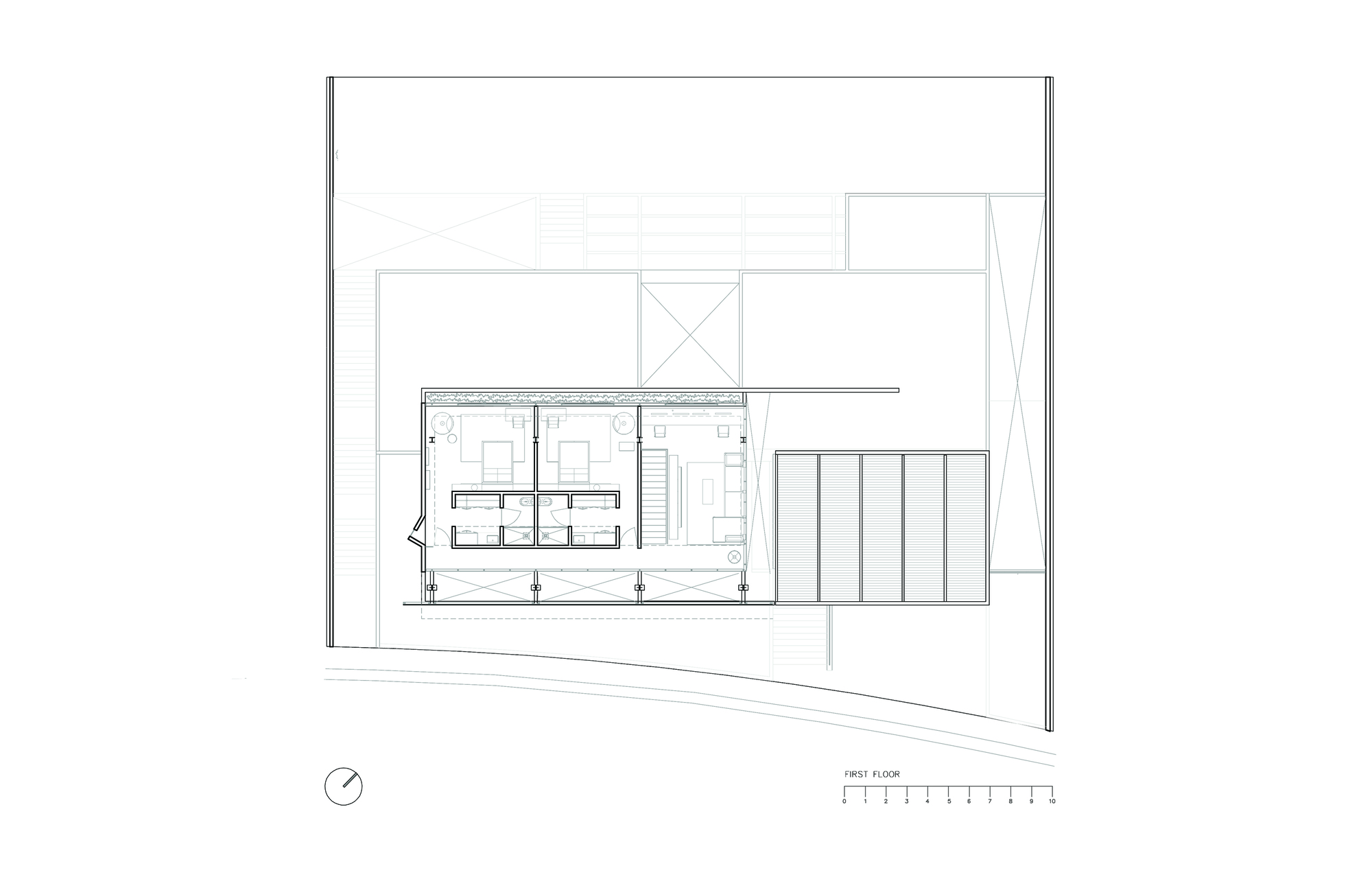First floor plan drawing showing a narrow bedroom block with paired bathrooms and a louvered volume at right, set within the larger site outline