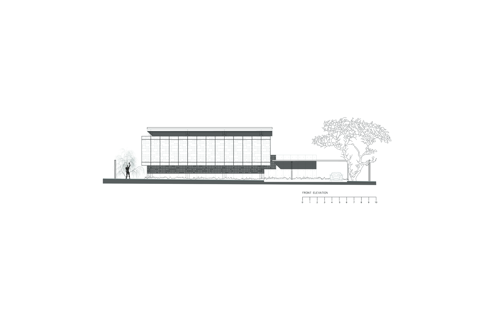 Front elevation drawing showing a long glazed box with a thin flat roof above a dark base, beside a large tree and a standing figure