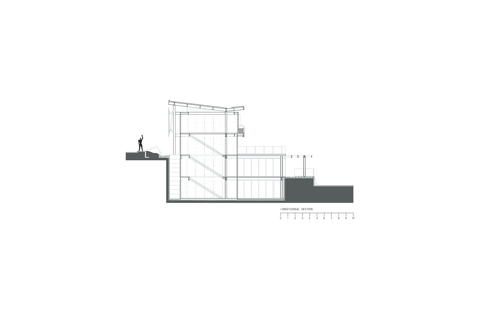 Longitudinal section drawing showing a three-storey glazed volume with internal stairs and a sloped roof, cut into a hillside with a figure standing on the uppe