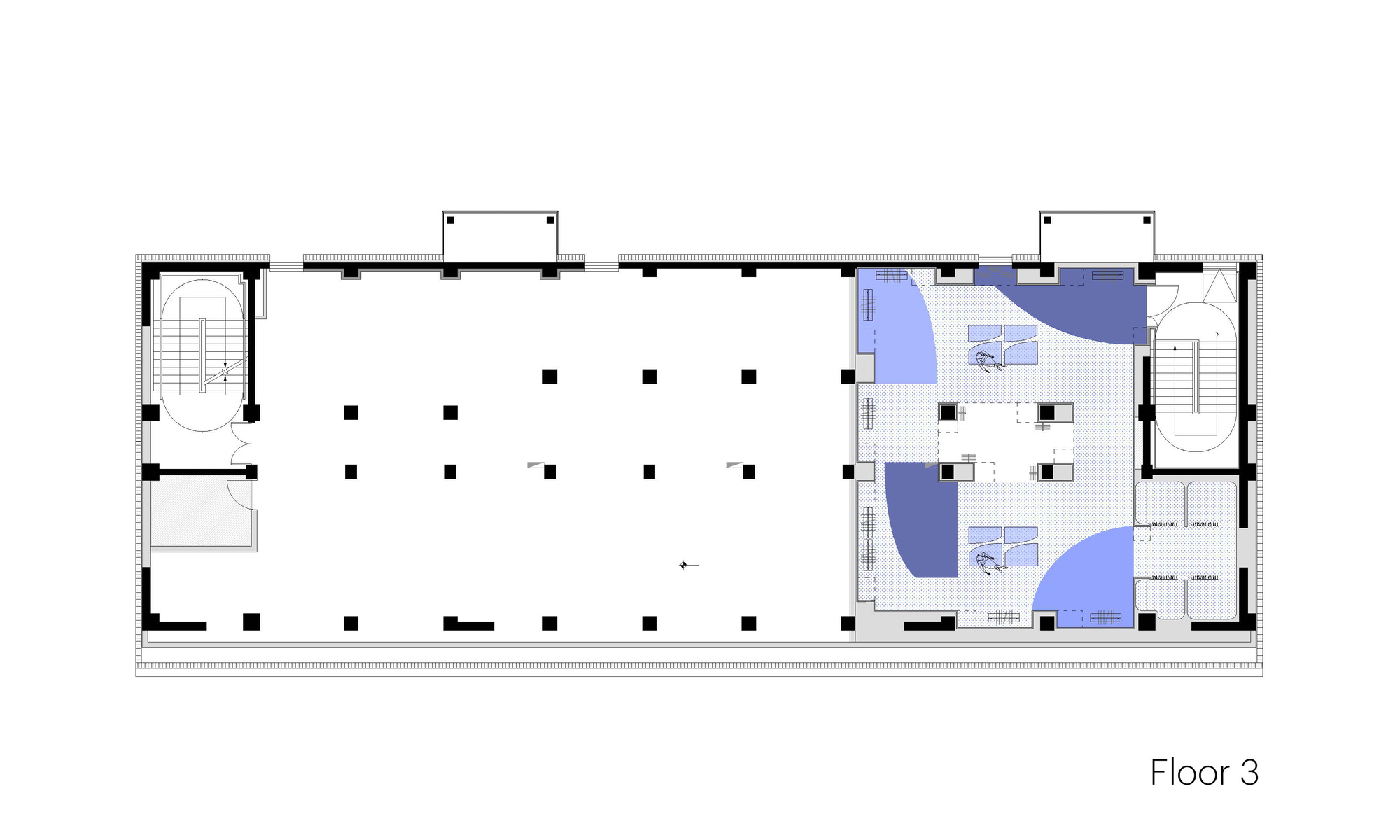 Third floor plan drawing showing an open columned floor at left and a blue-shaded curved zone at right