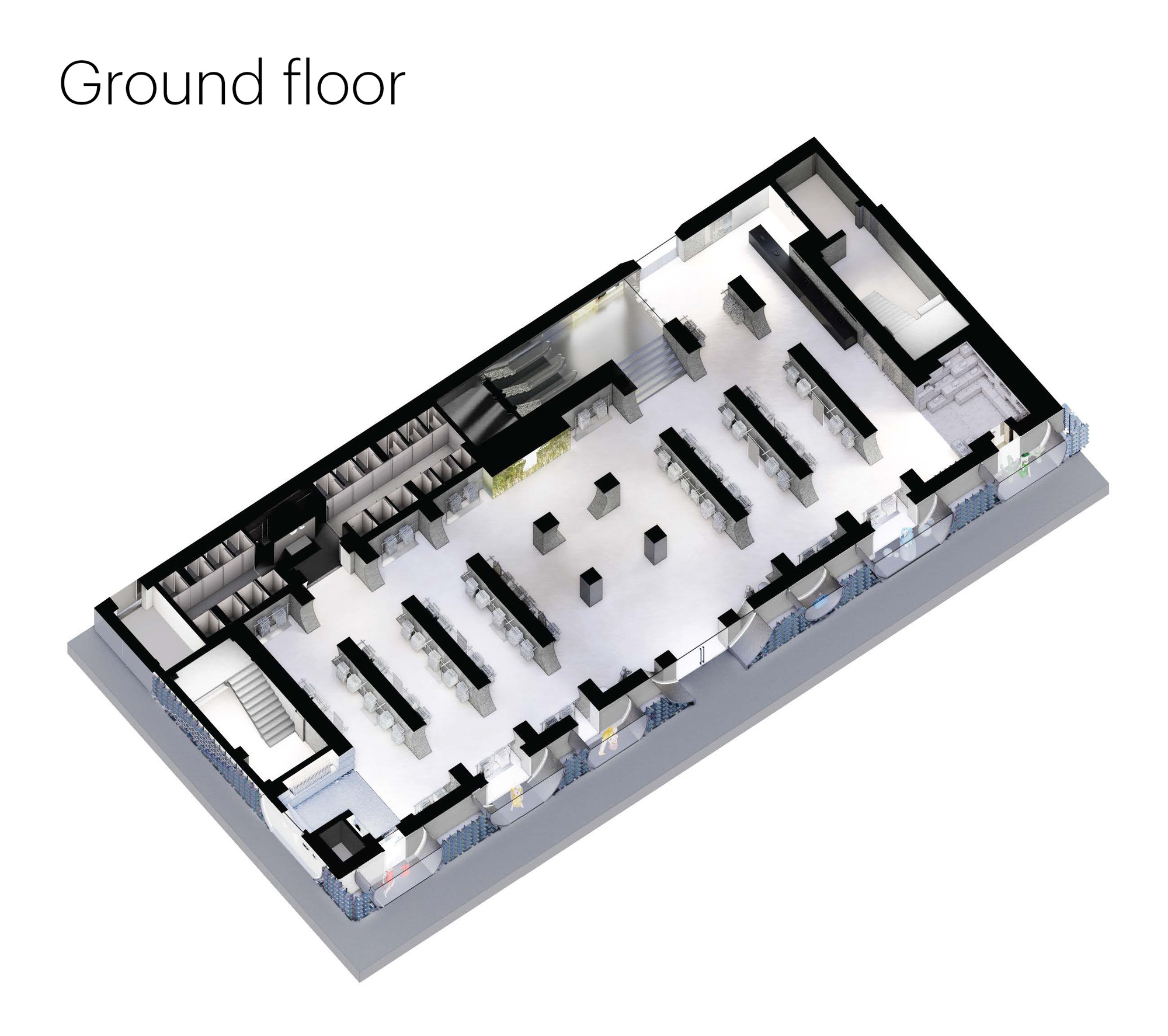 Axonometric ground floor plan drawing showing long display tables, a central escalator void and stair cores inside a rectangular shell