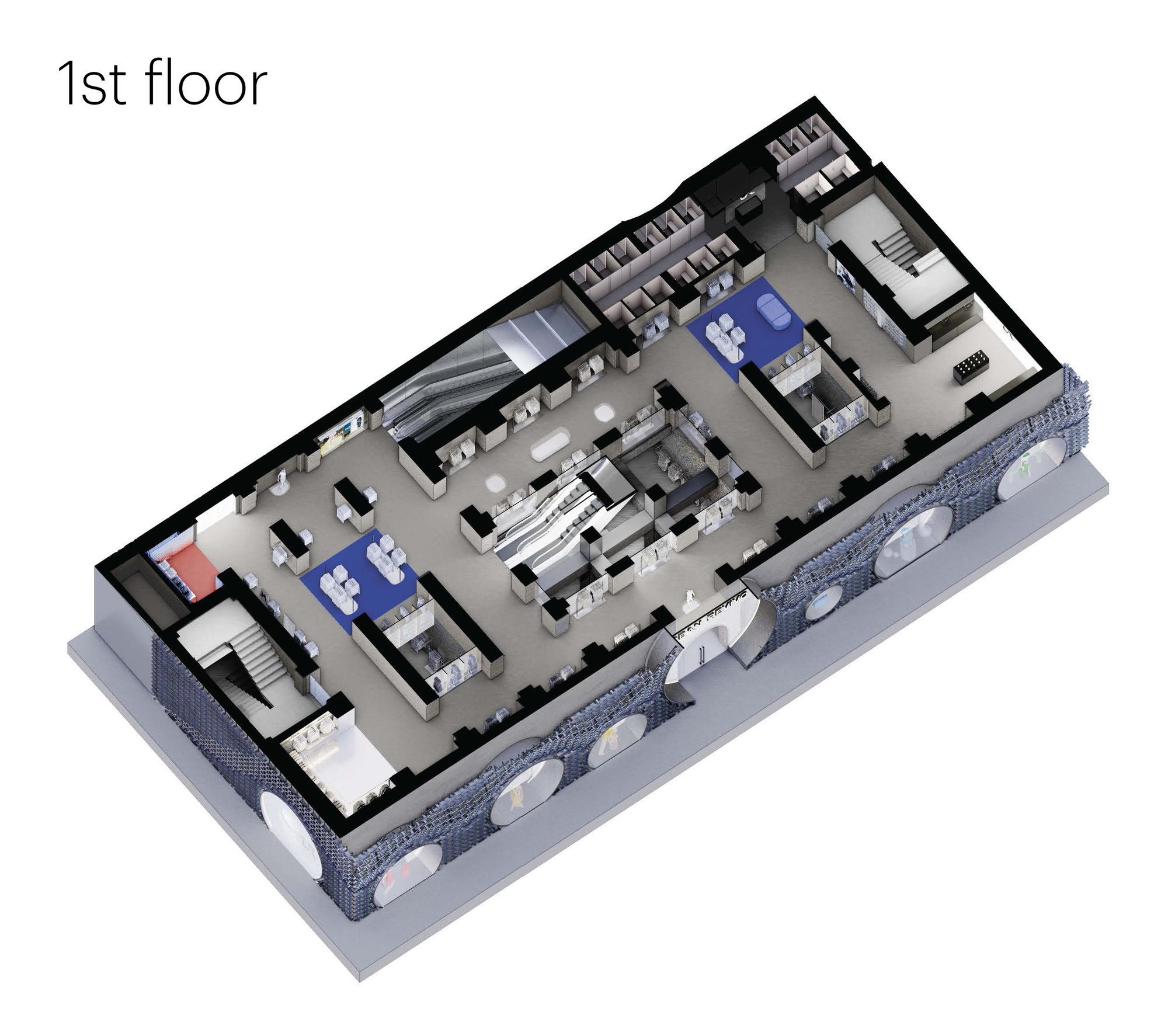 Axonometric first floor plan drawing with escalators at the center, blue seating zones and round windows along the curving facade