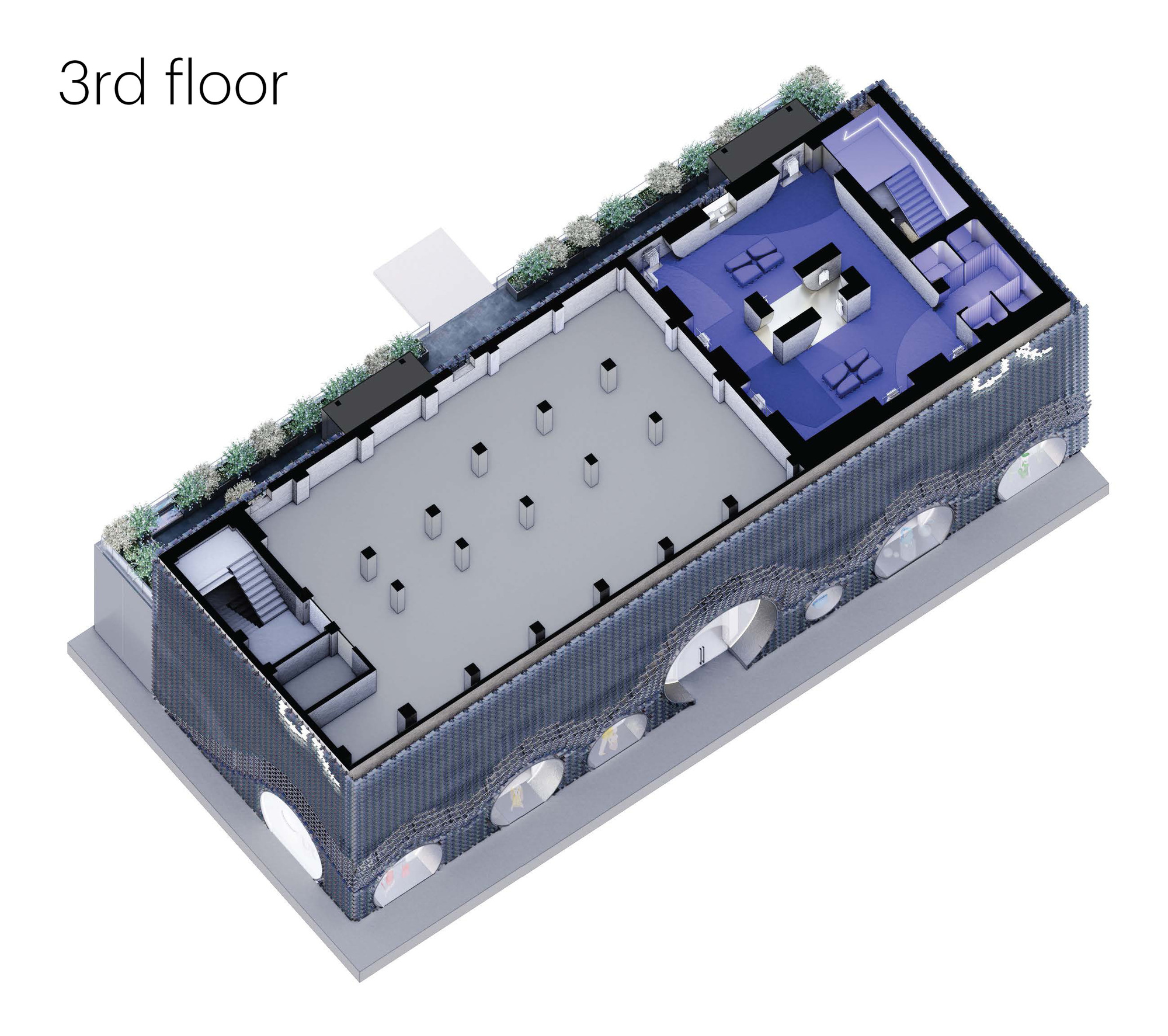 Axonometric third floor plan drawing with a column grid in the open hall and a blue-toned lounge in the corner