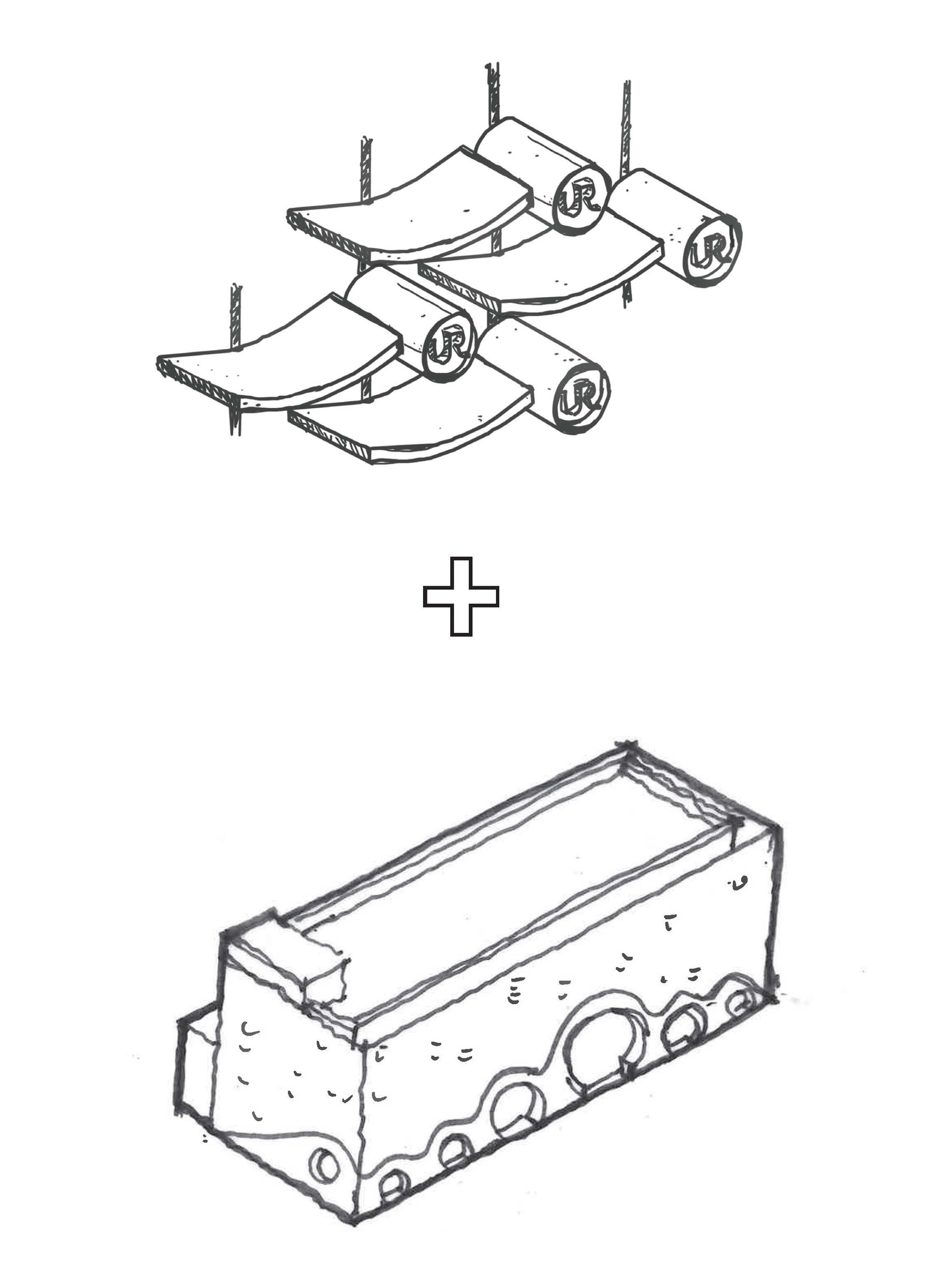 Concept sketch pairing a stack of curved tile elements with a box-shaped block pierced by round openings of varied size
