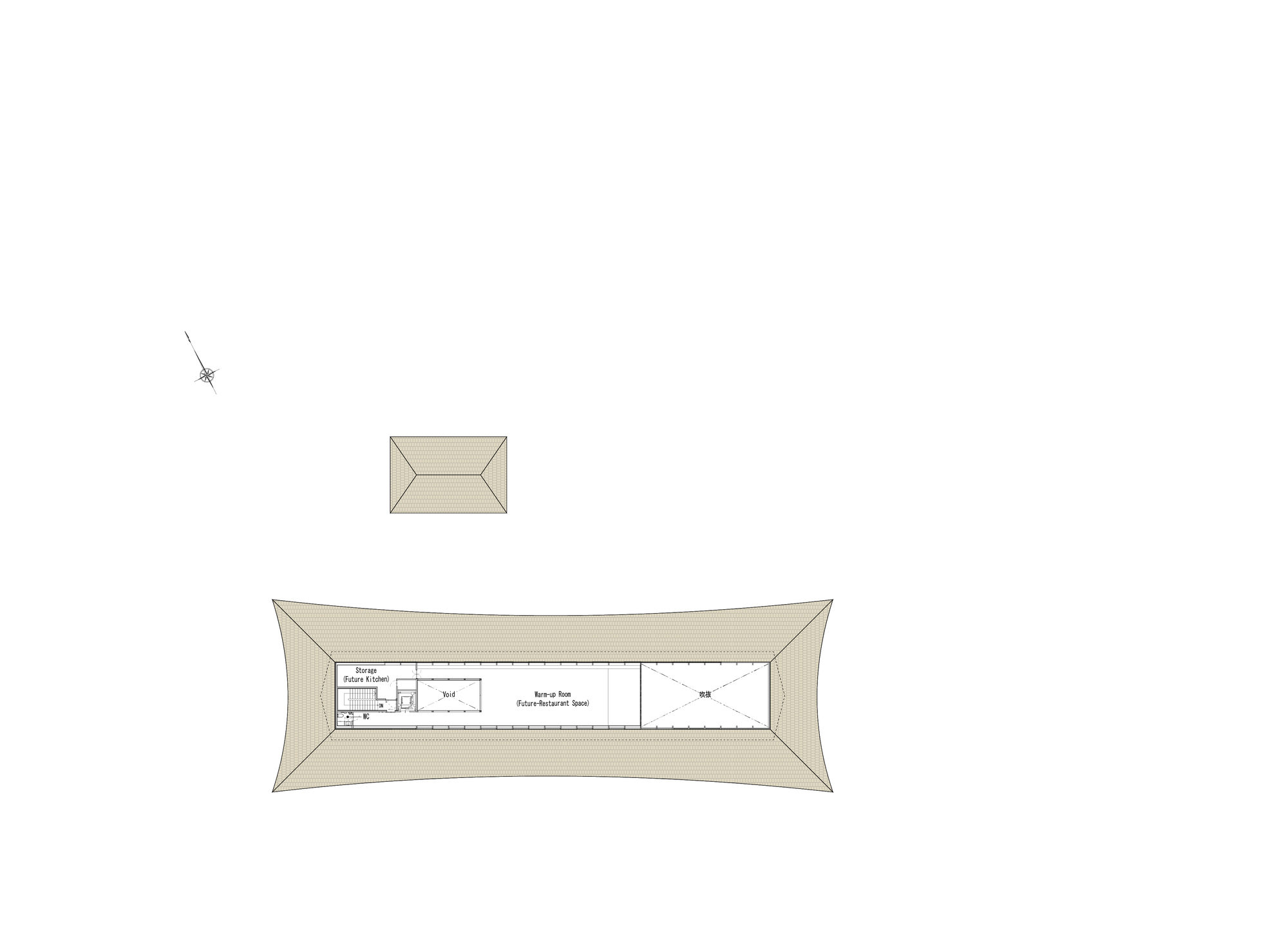 Roof plan drawing showing a pinched, concave hipped roof over a narrow rectangular volume, with a small square pavilion roof nearby