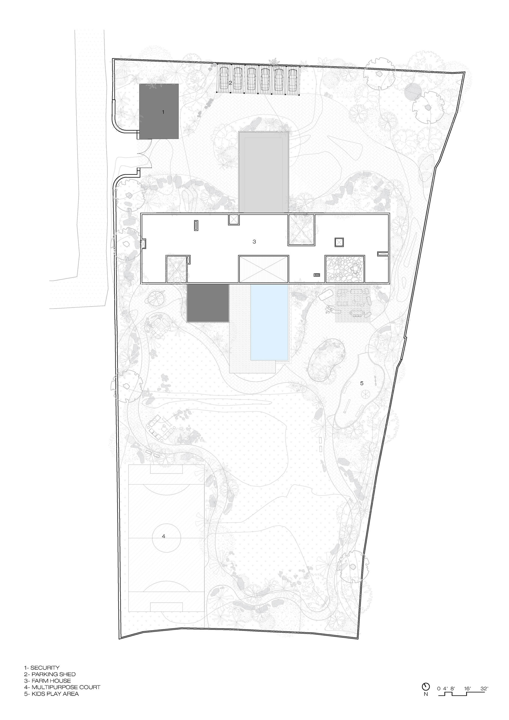 Site plan drawing showing a long farmhouse block with pool, parking shed, multipurpose court and kids play area in landscaped grounds