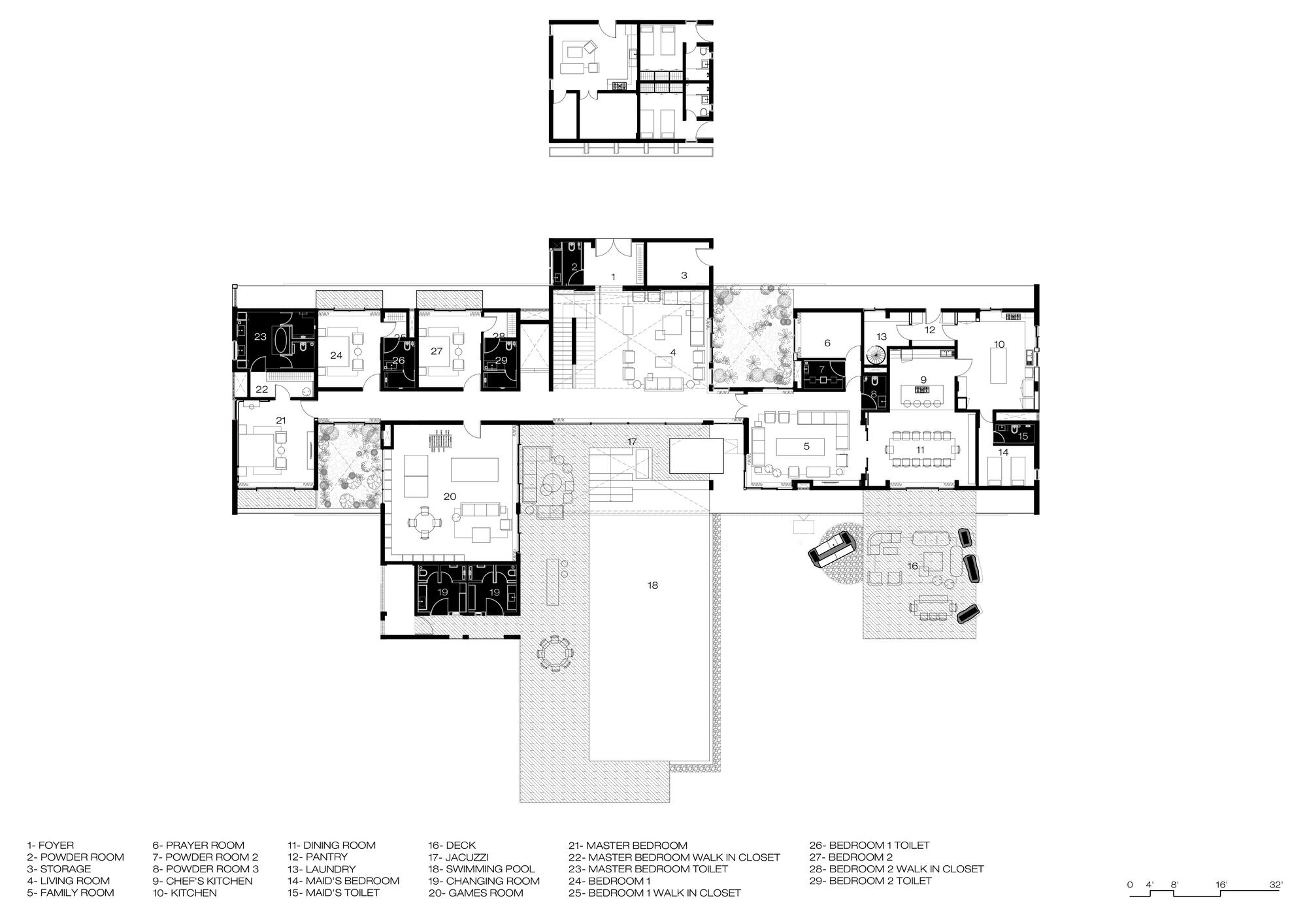 Ground floor plan drawing showing living, dining and kitchen rooms, bedrooms and a courtyard opening onto the pool deck